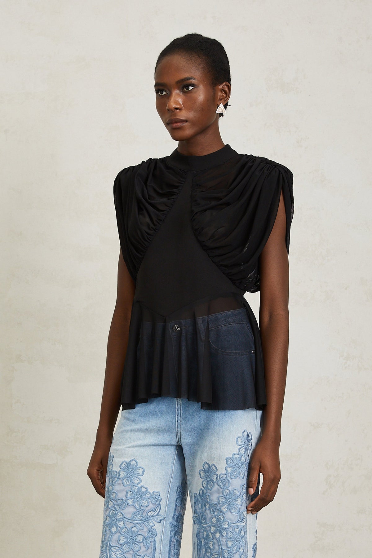 Aurore Black Ruched Mesh Top