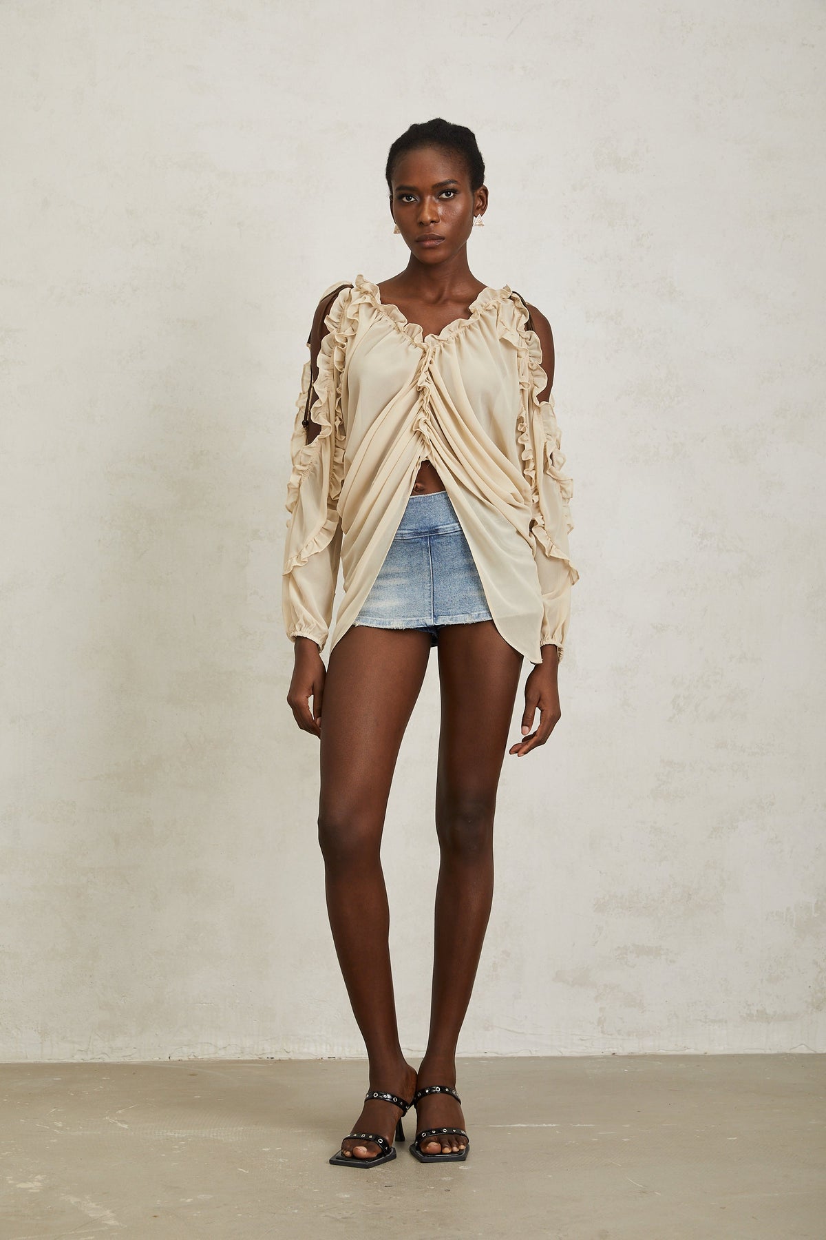Priscille Neutral Ruffled Trim Chiffon Blouse