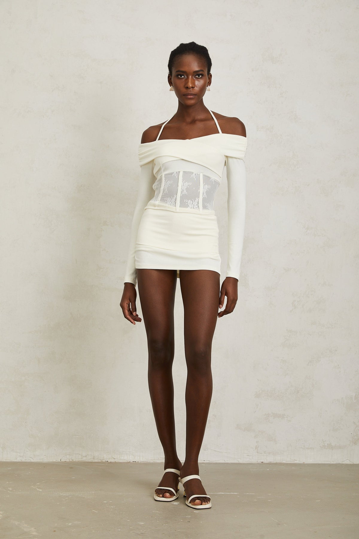 Coralie White Lace Panel Knit Blouse & Skirt Set