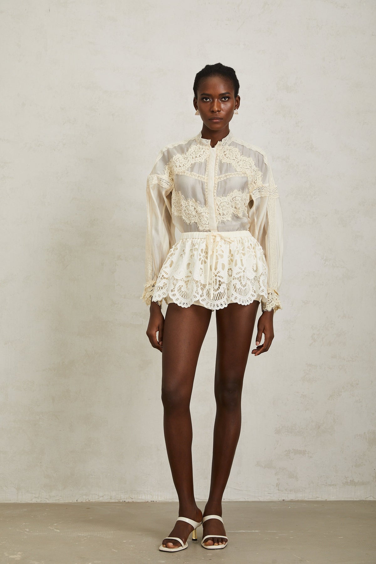 Noa Neutral Floral Lace Blouse & Skirt Set
