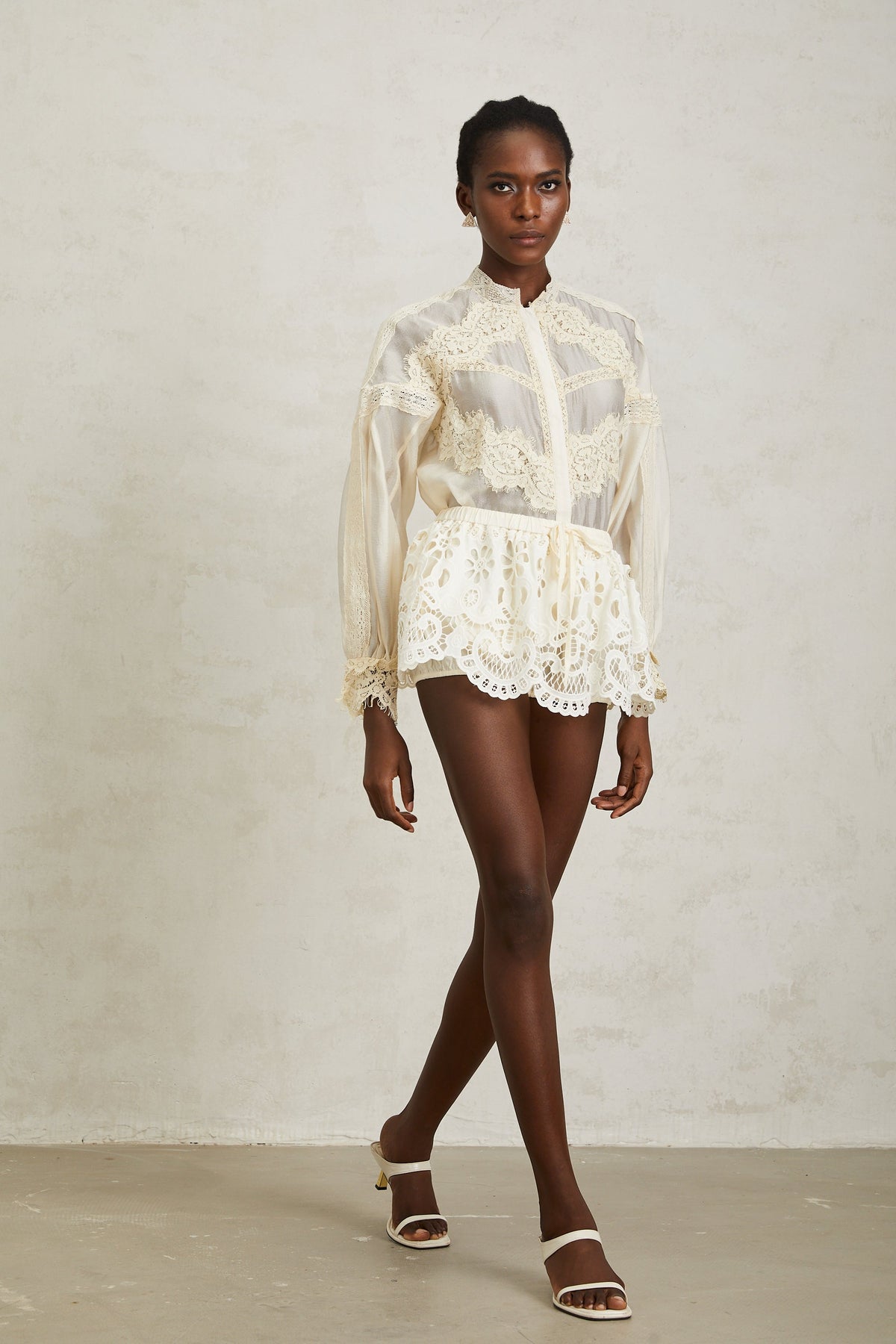 Noa Neutral Floral Lace Blouse & Skirt Set