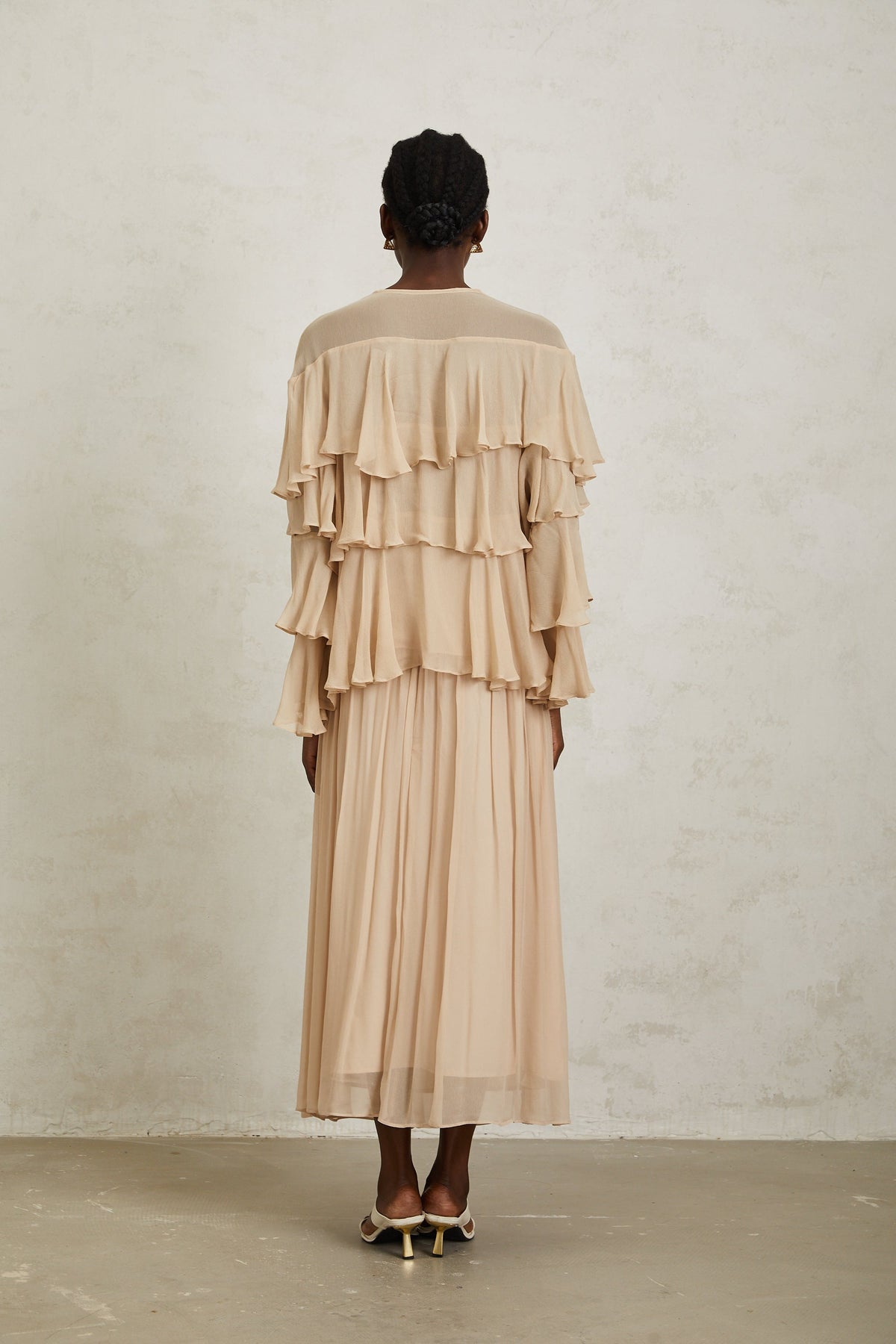 Brigitte Neutral Layered Chiffon Blouse & Skirt Set (Final Sale)
