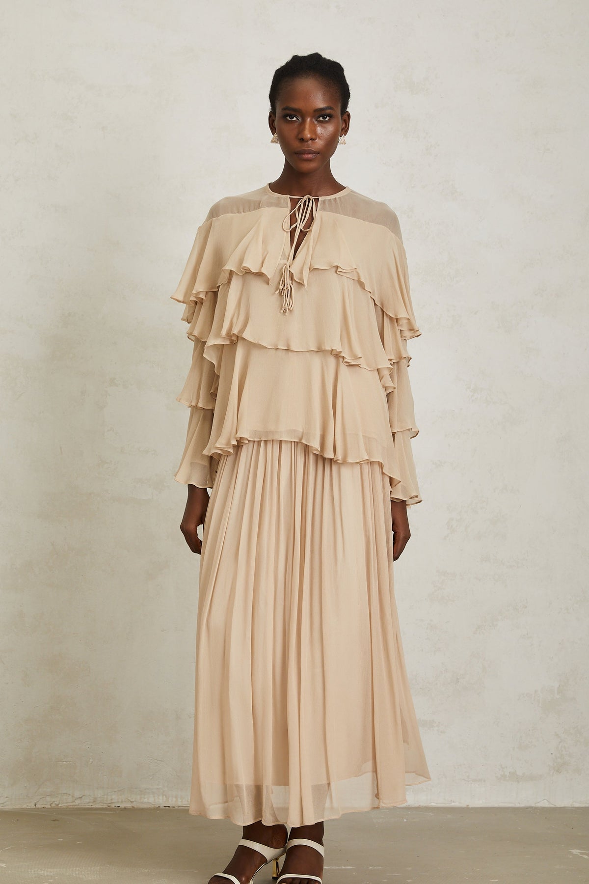 Brigitte Neutral Layered Chiffon Blouse & Skirt Set (Final Sale)