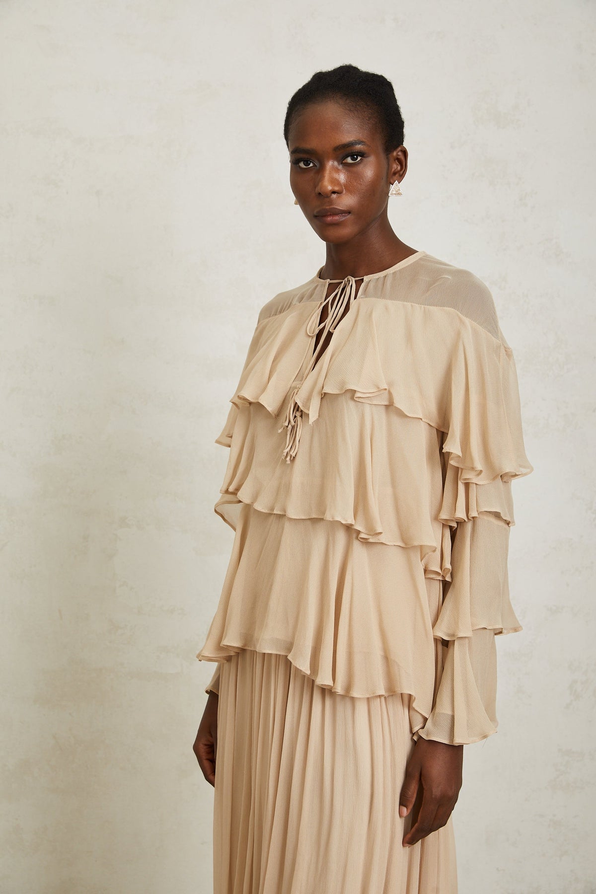 Brigitte Neutral Layered Chiffon Blouse & Skirt Set (Final Sale-US Only)