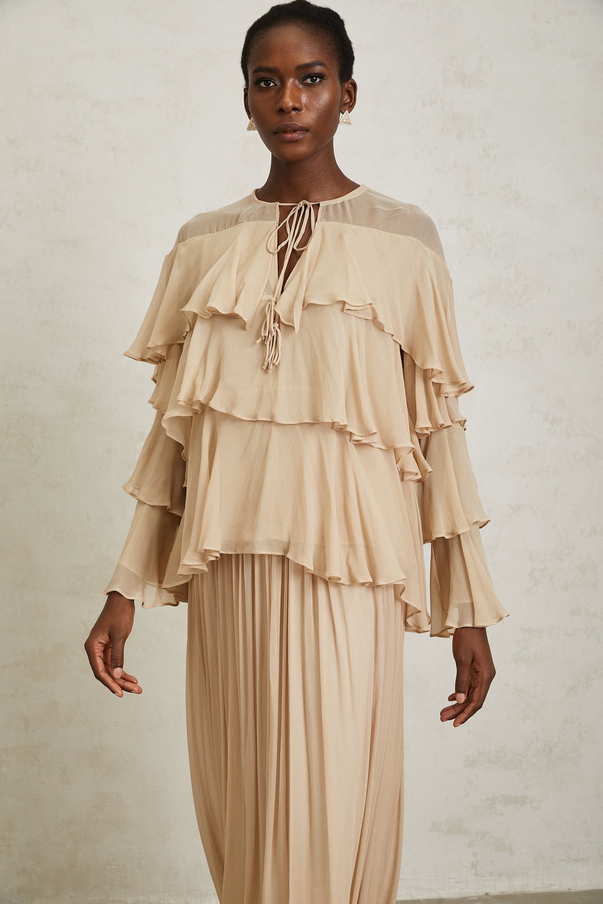 Brigitte Neutral Layered Chiffon Blouse & Skirt Set (Final Sale)