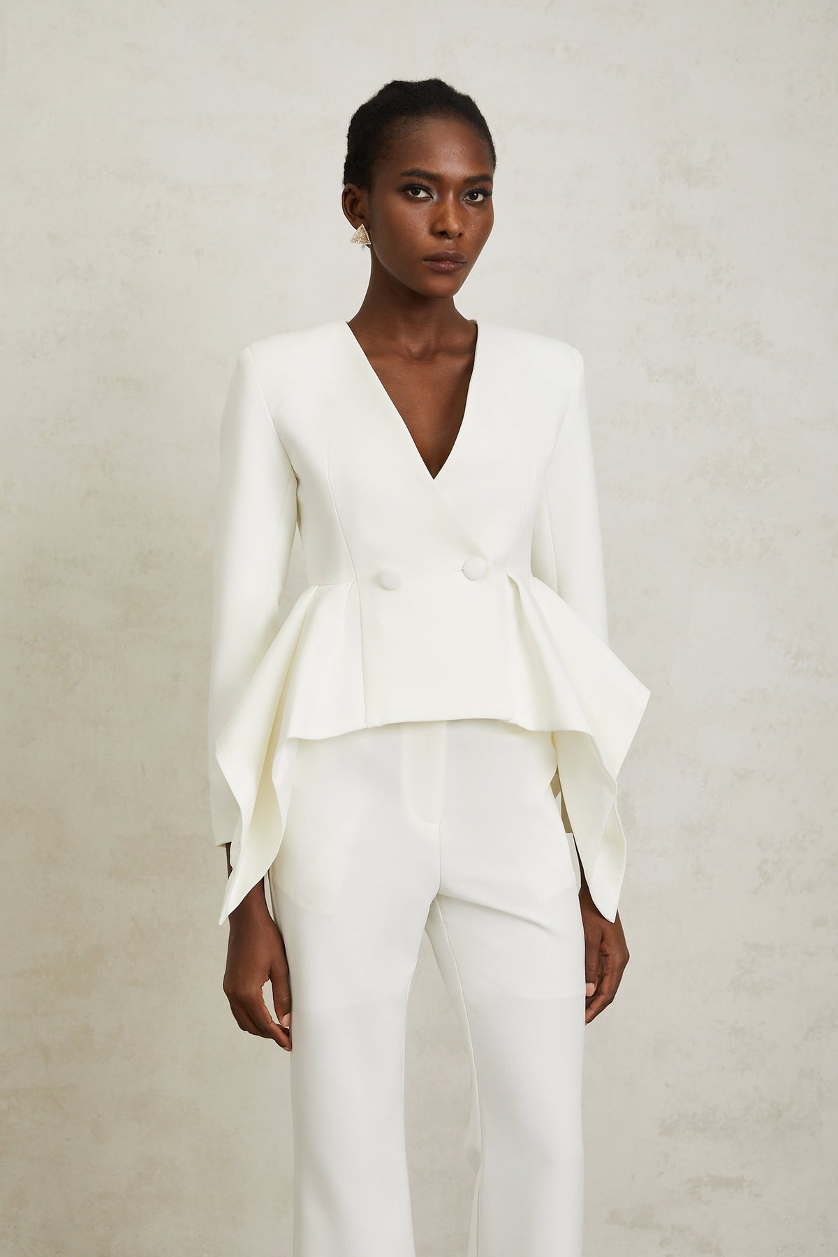 Luisa White Peplum Ruffled Waist Jacket & Trousers Set