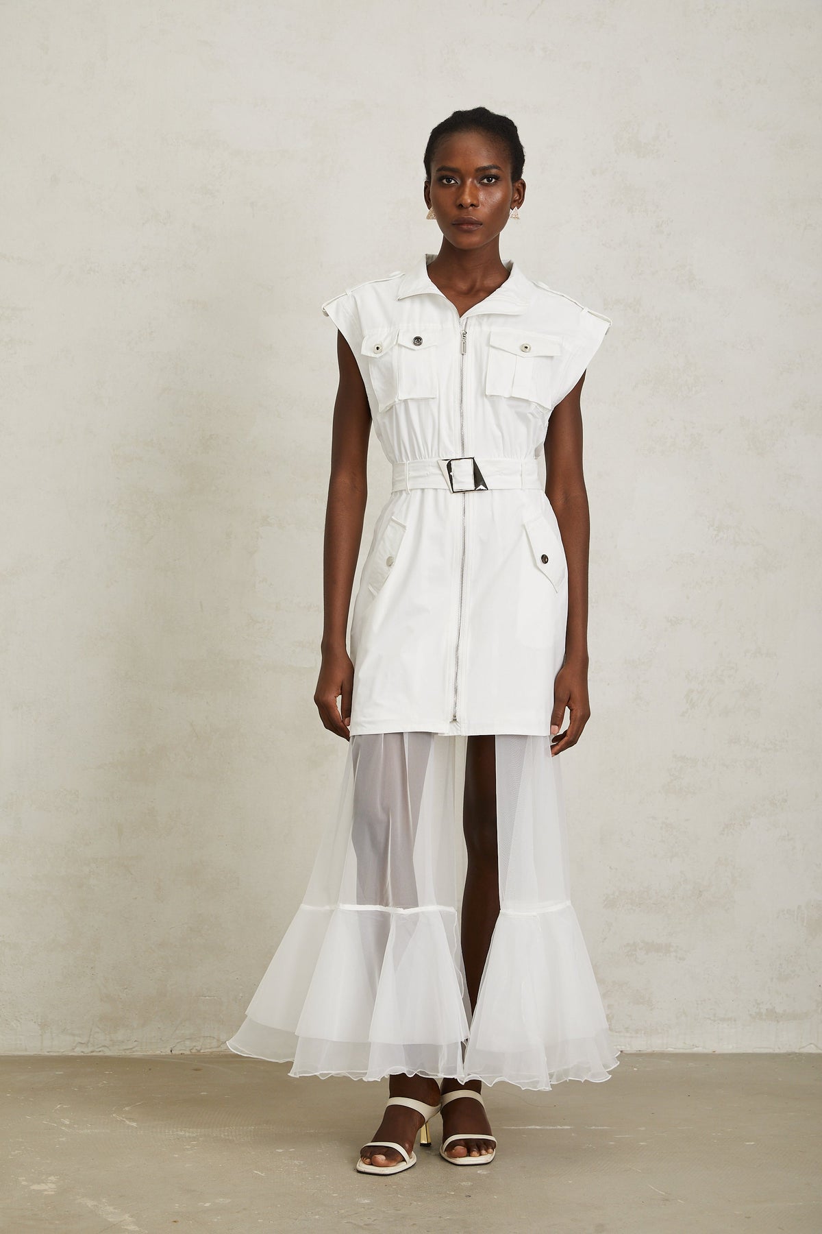 Juliette White Belted Tulle Panel Midi Dress