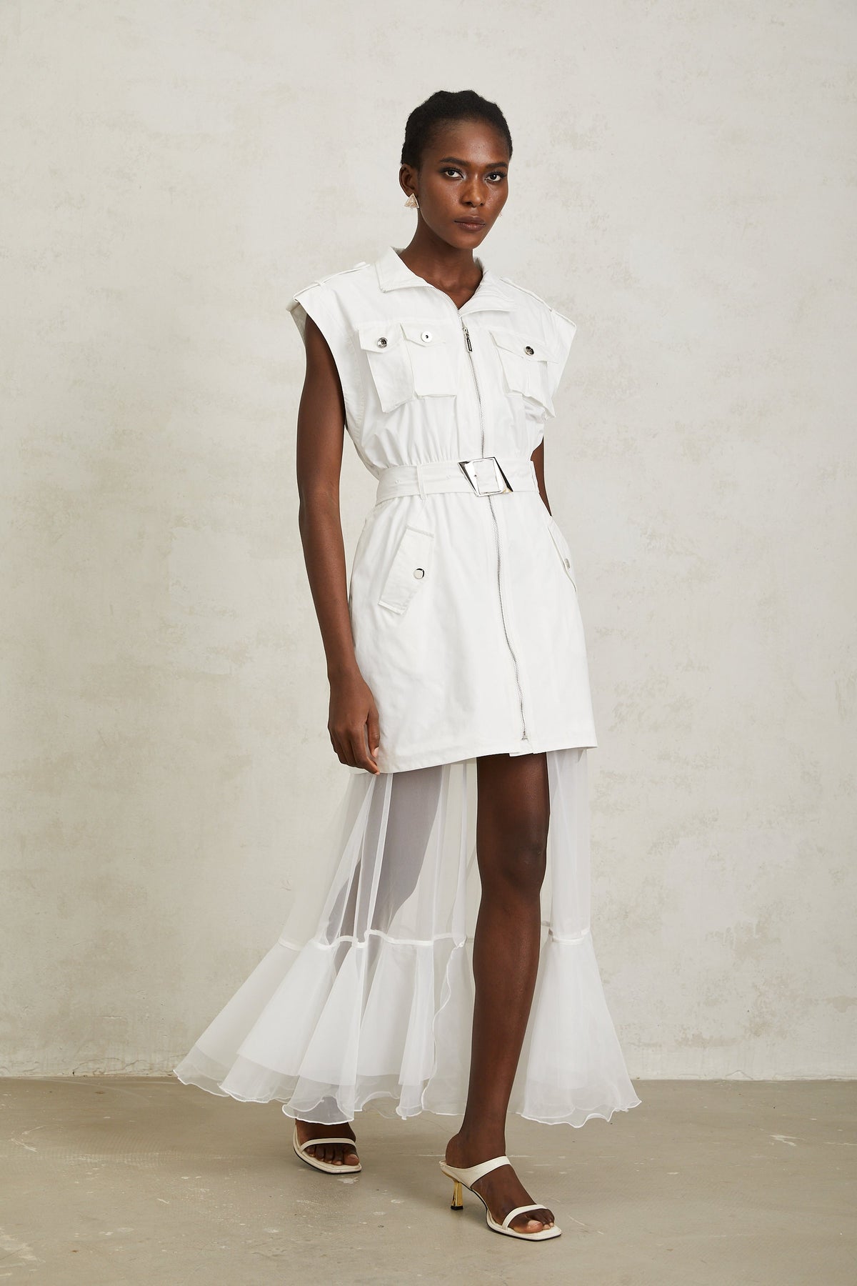Juliette White Belted Tulle Panel Midi Dress