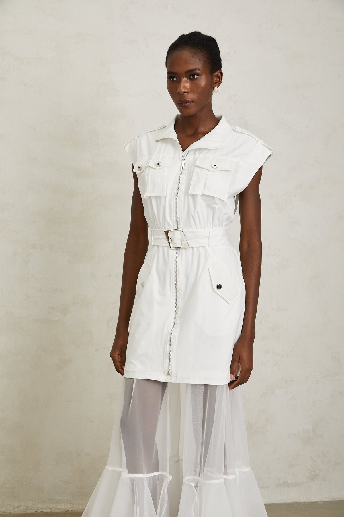 Juliette White Belted Tulle Panel Midi Dress