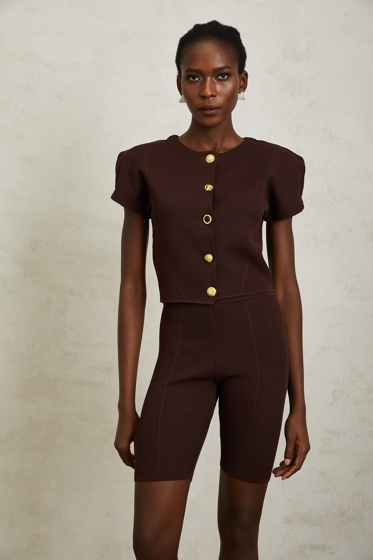 Hélène Brown Textured Knit Top & Shorts Set