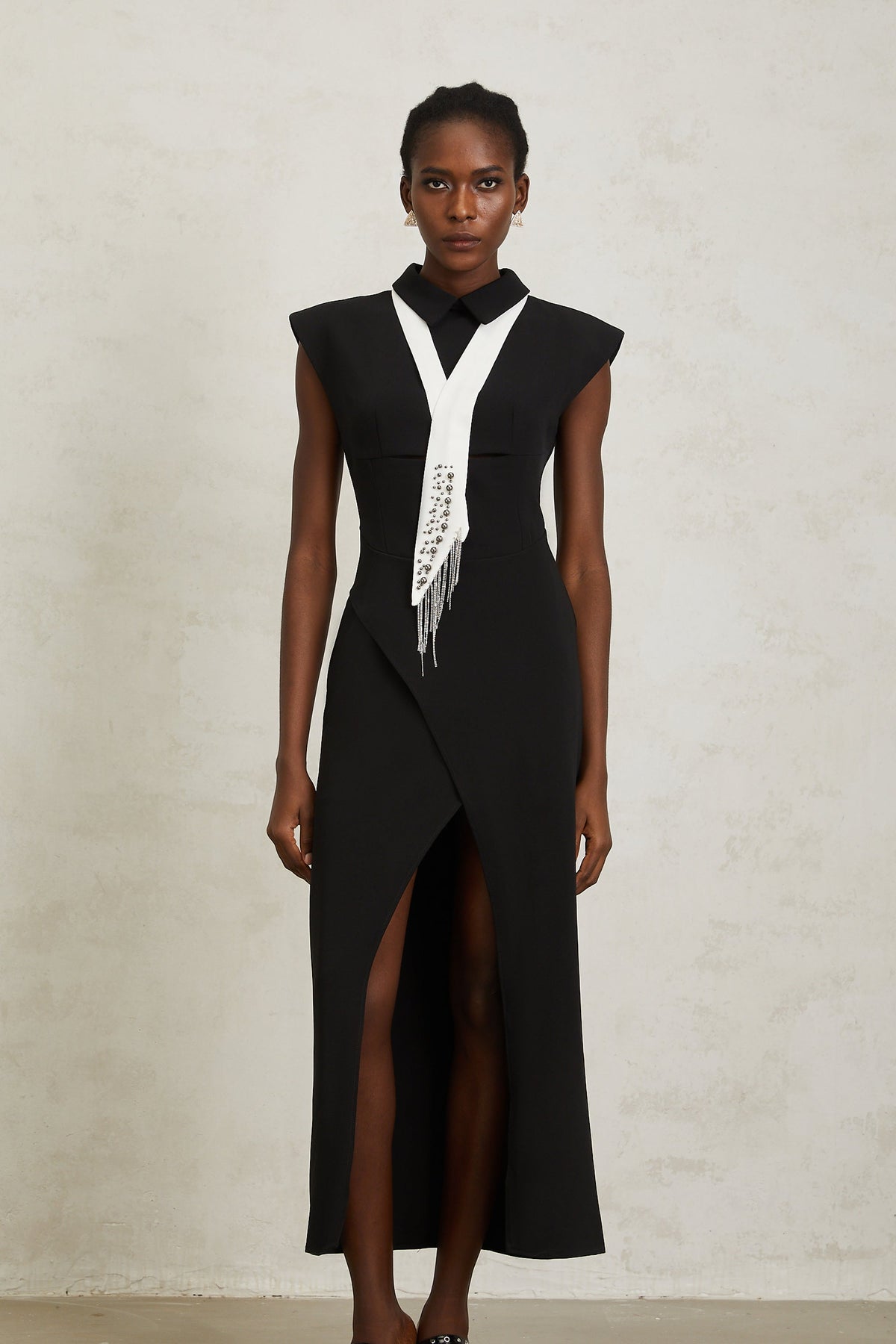 Daniela Black Necktie High Slit Midi Dress