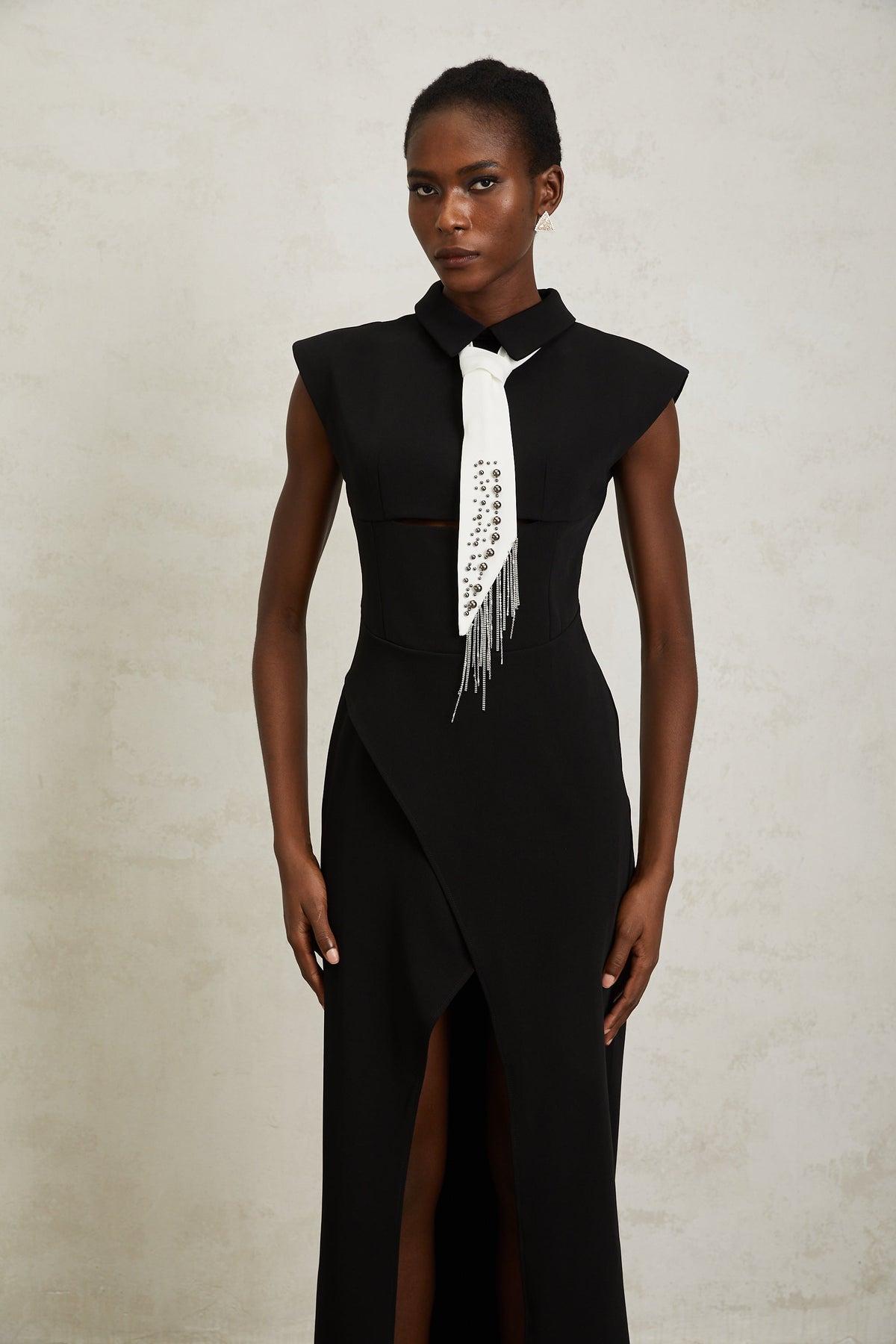 Daniela Black Necktie High Slit Midi Dress