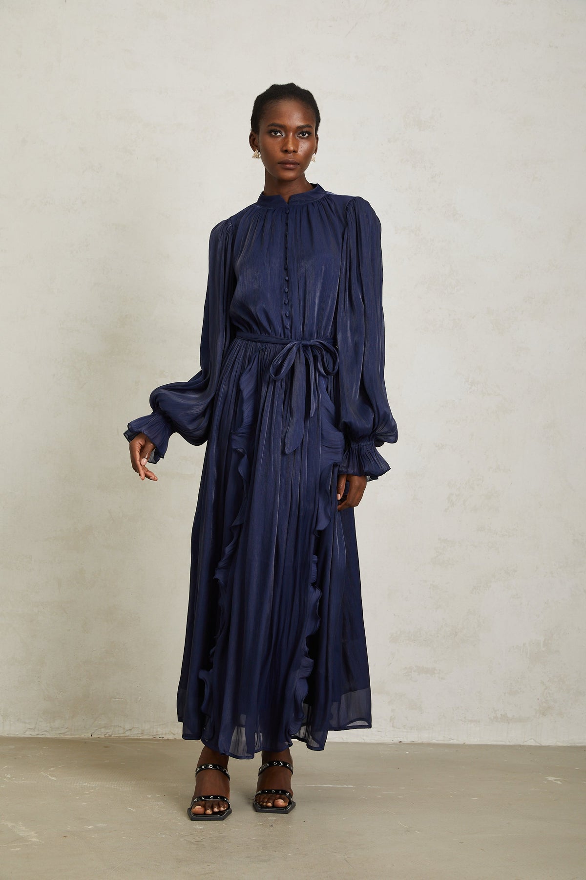 Nanette Dark Blue Glossy Pleated Maxi Dress (Final Sale-US Only)