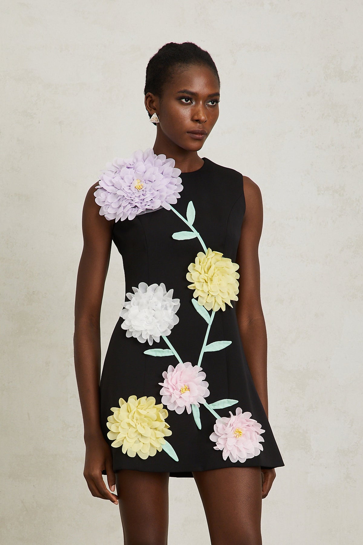Véronique Black 3D Petal Sleeveless Mini Dress