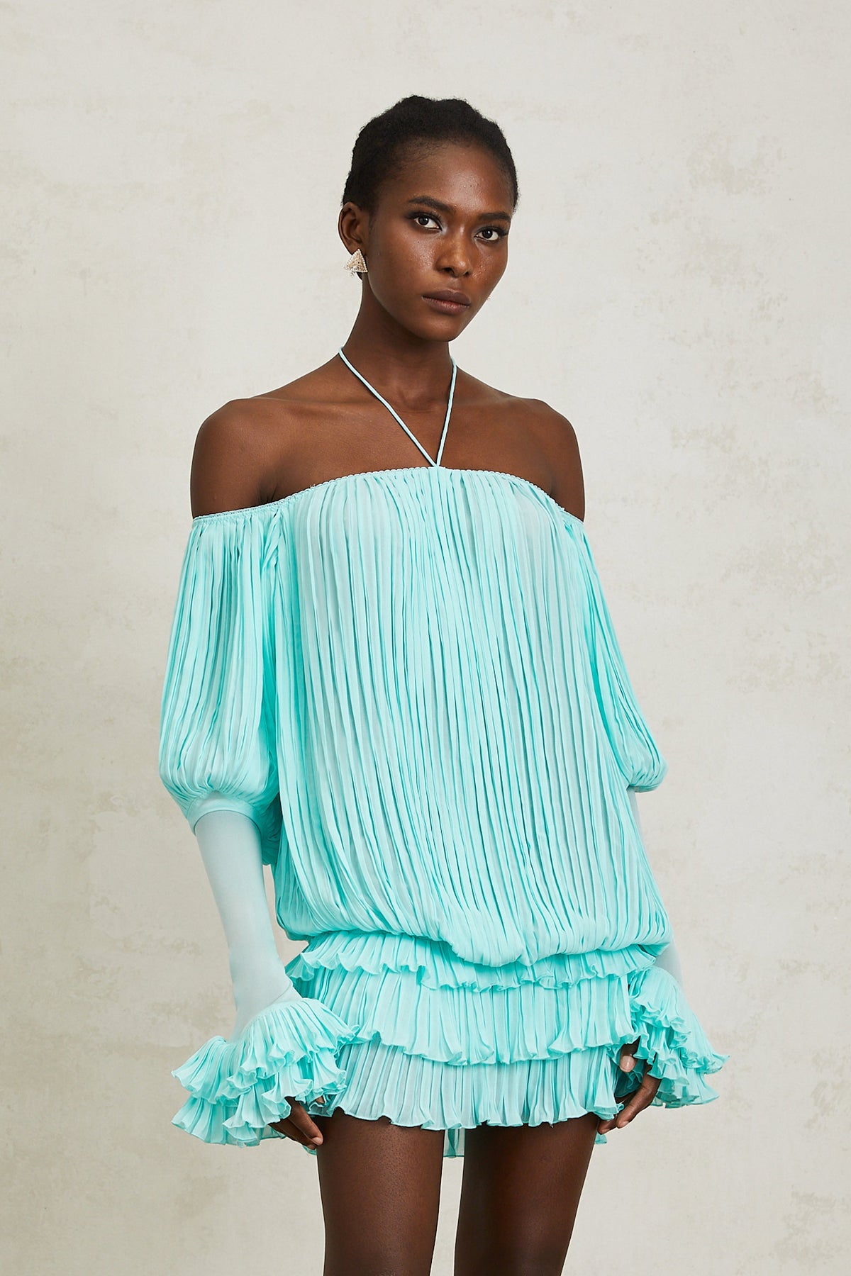 Gisèle Blue Off Shoulder Pleated Mini Dress