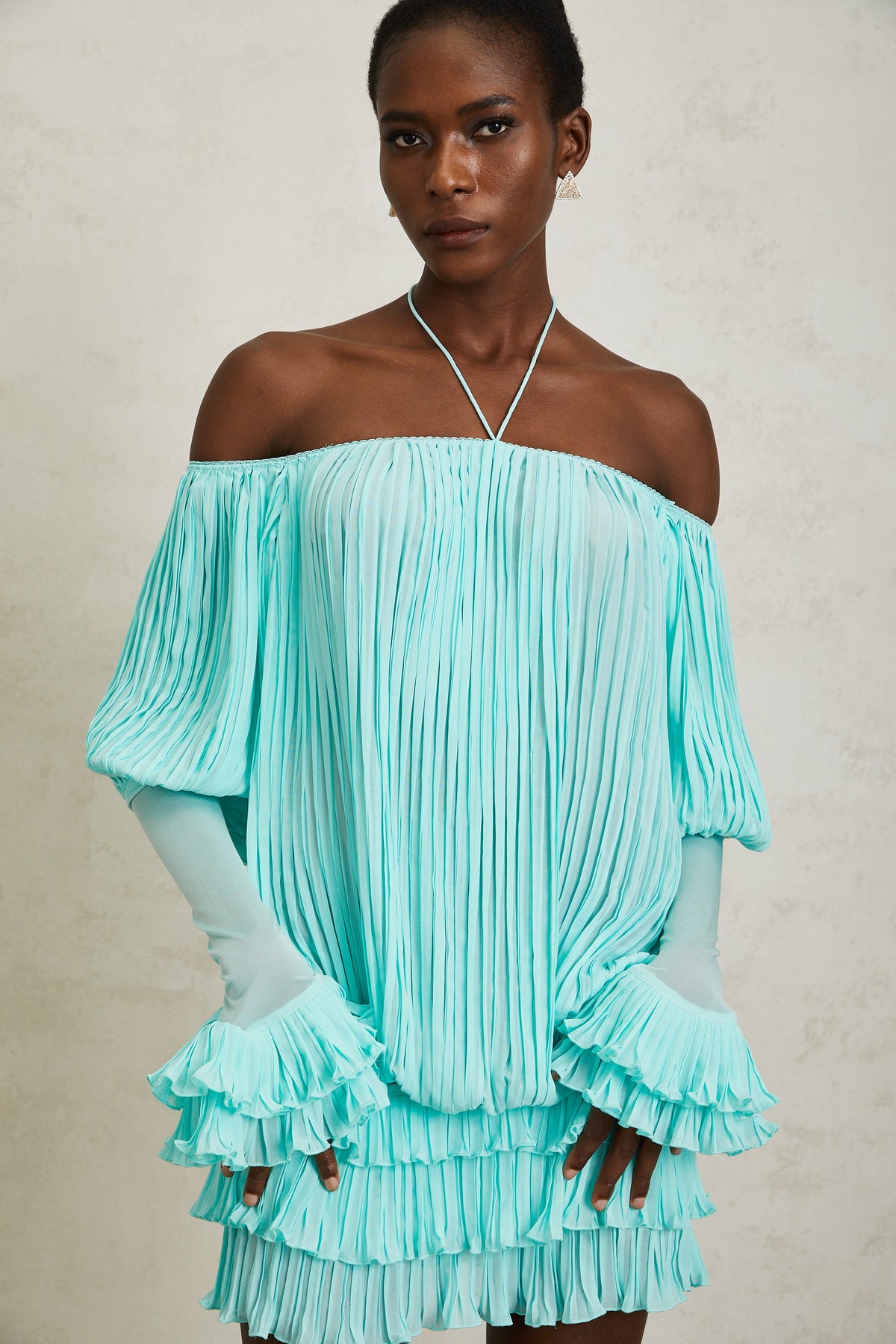 Gisèle Blue Off Shoulder Pleated Mini Dress