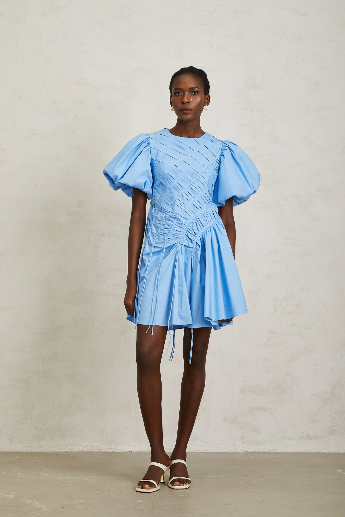 Amaryllis Blue Ruched Drawstring Hem Mini Dress
