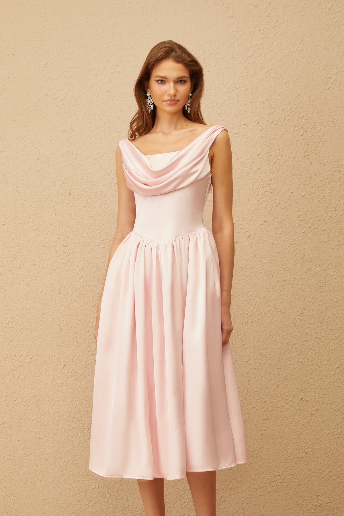 Althéa Pink Cowl Neck Voluminous Midi Dress