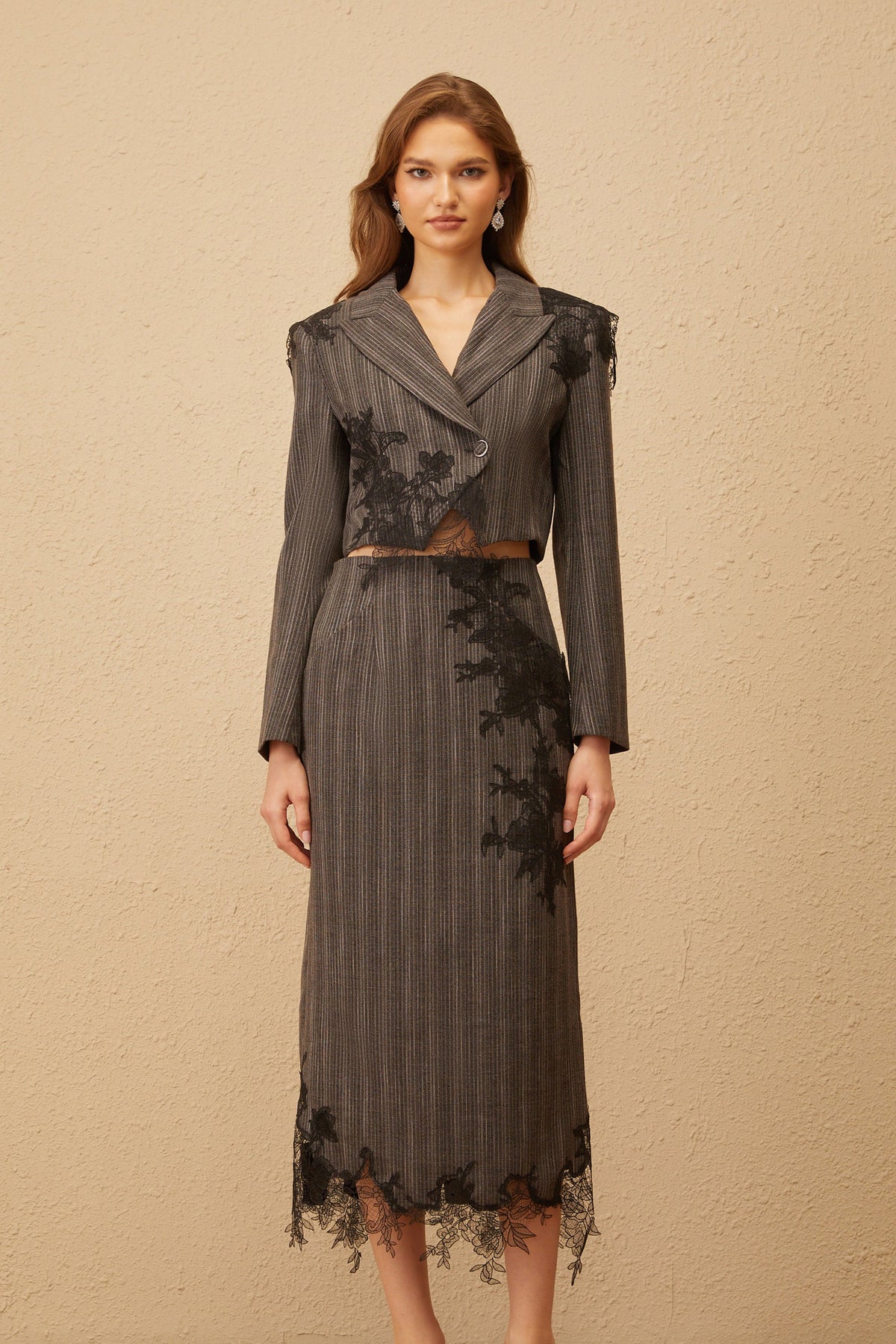 Sidonie Grey Floral Appliqué Striped Blazer & Skirt Set
