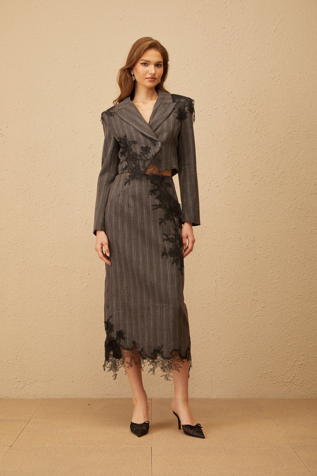 Sidonie Grey Floral Appliqué Striped Blazer & Skirt Set (Final Sale-US Only)