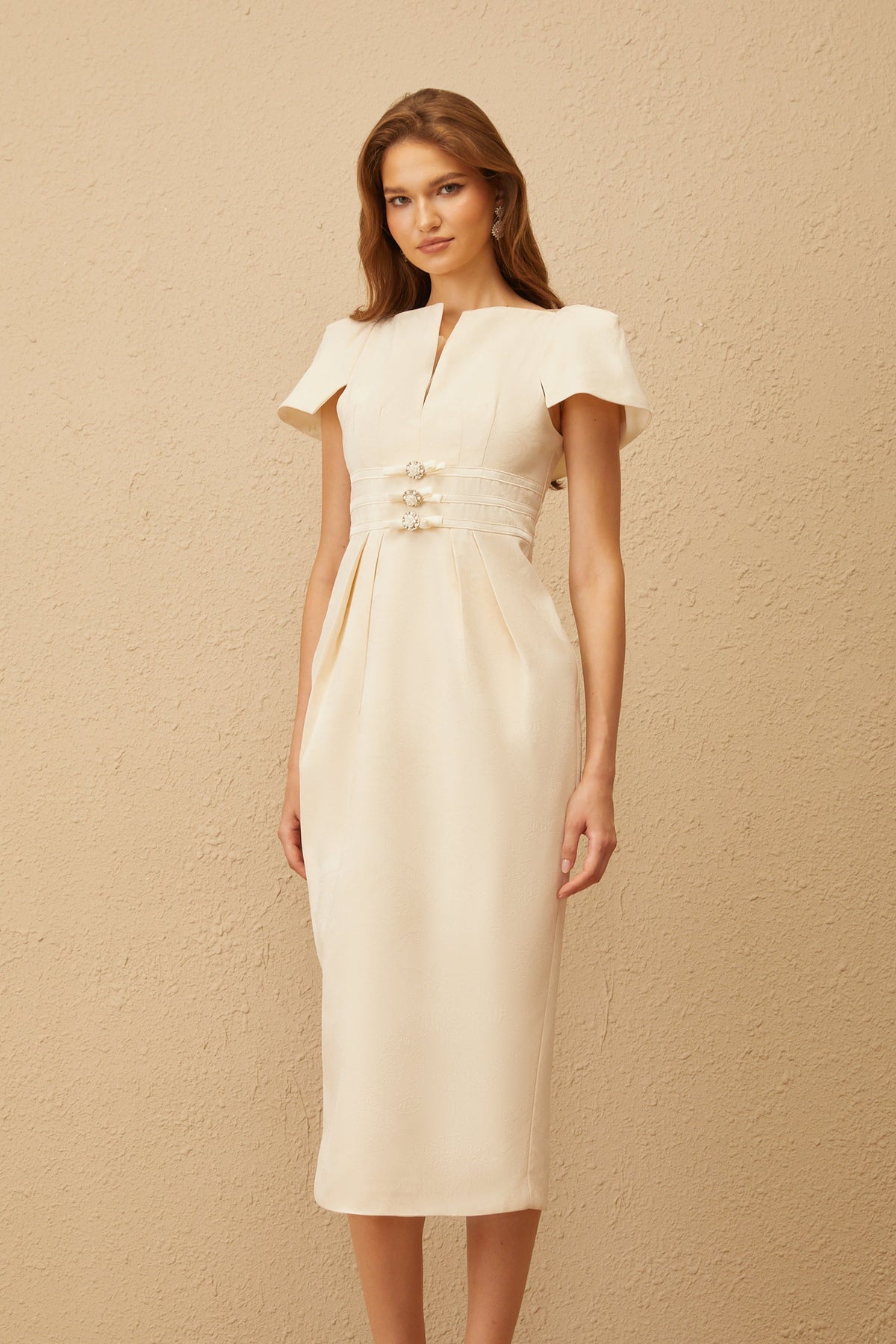 Antoinette Neutral Floral Jacquard Bowknot Midi Dress
