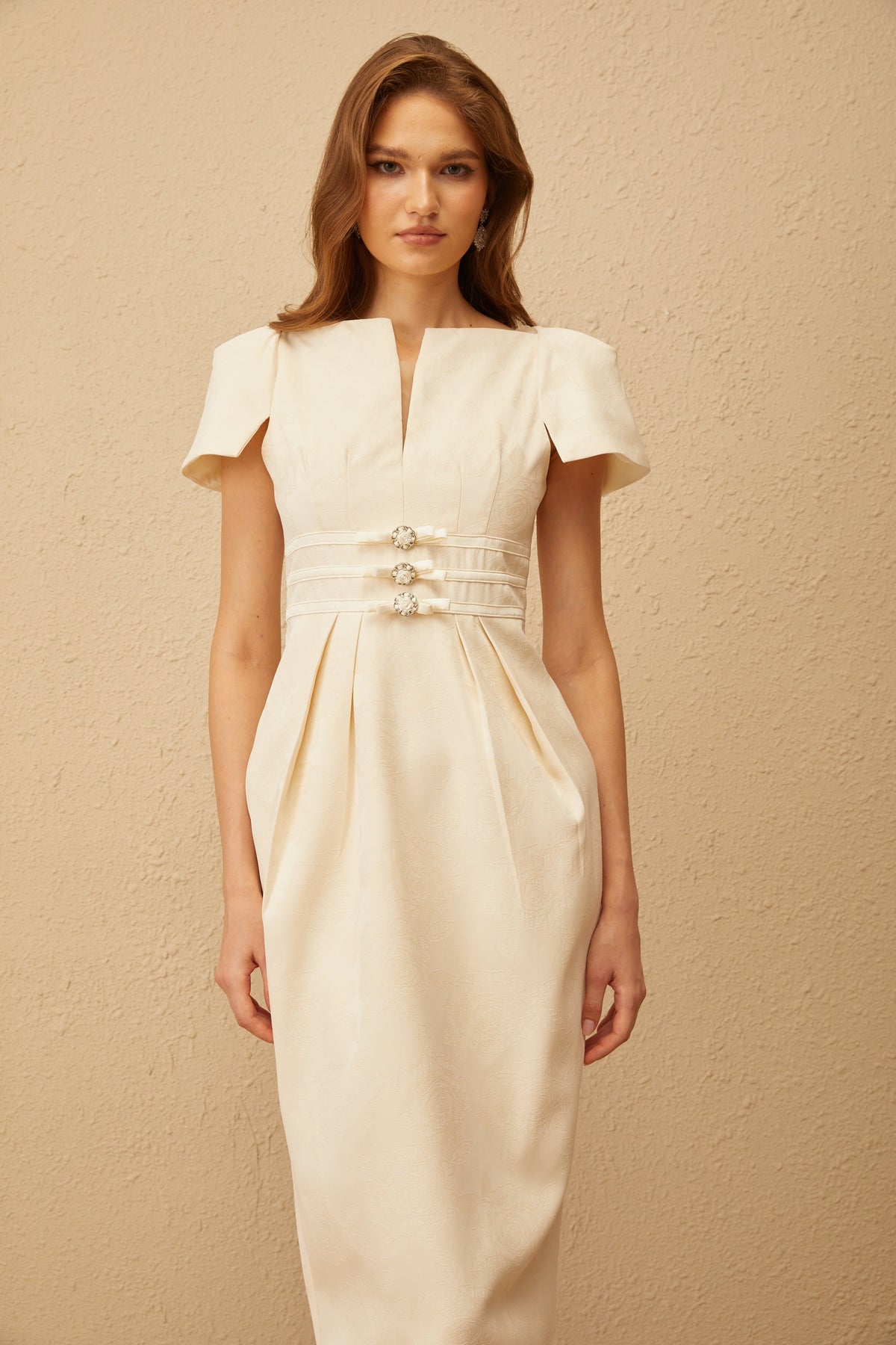 Antoinette Neutral Floral Jacquard Bowknot Midi Dress