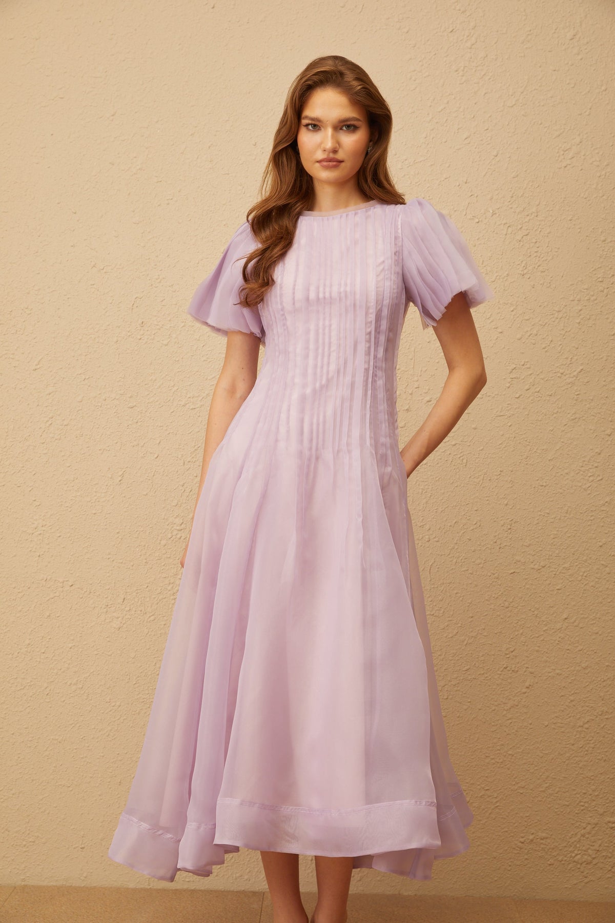 Léna Light Purple Pleated Organza Midi Dress