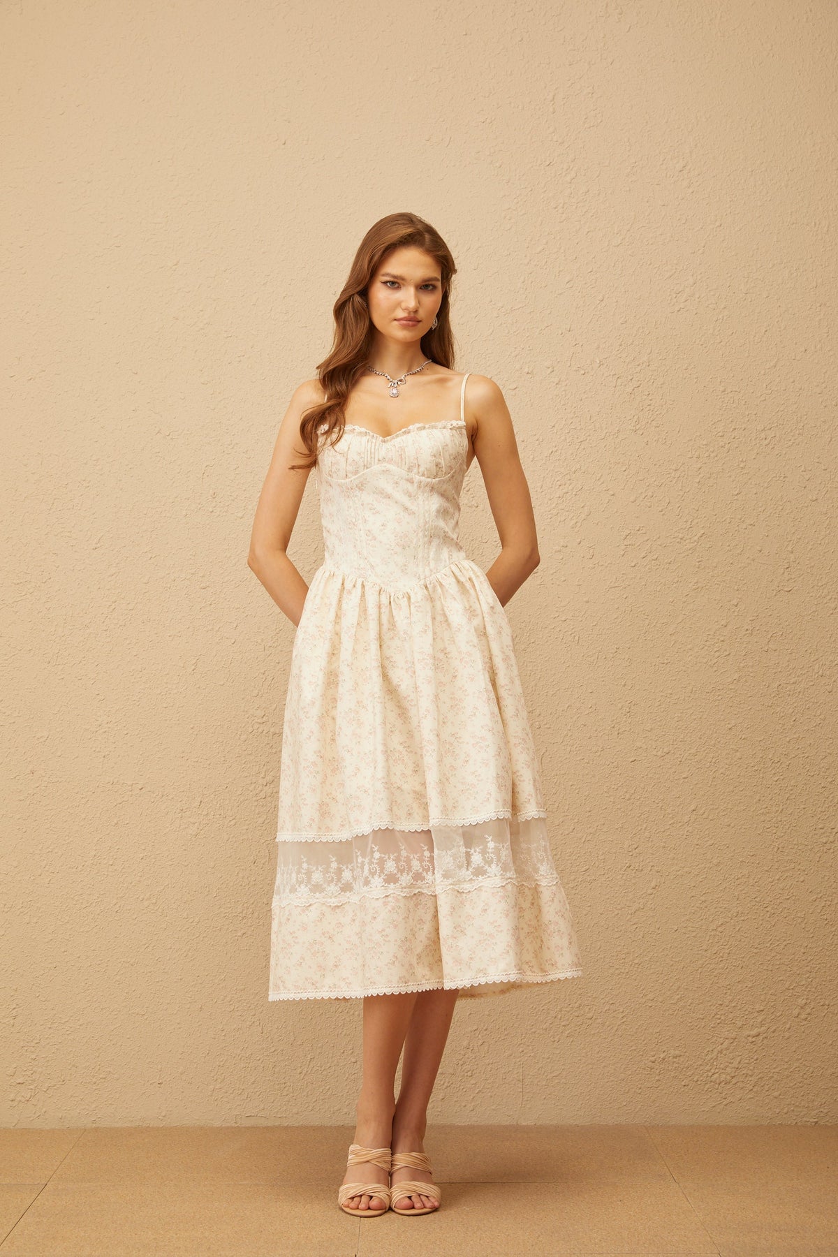 Caroline Neutral Lace Trim Floral Midi Dress