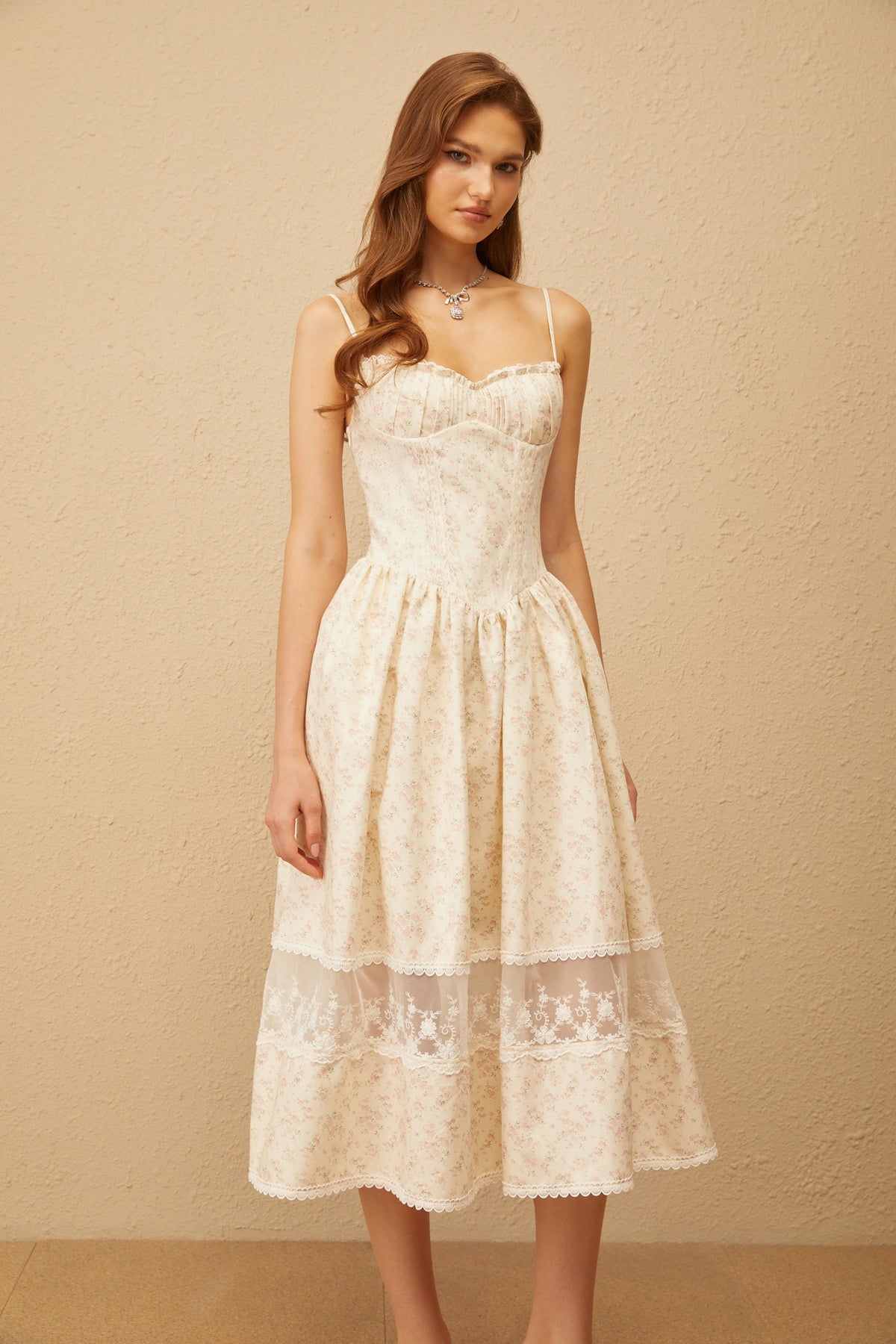 Caroline Neutral Lace Trim Floral Midi Dress