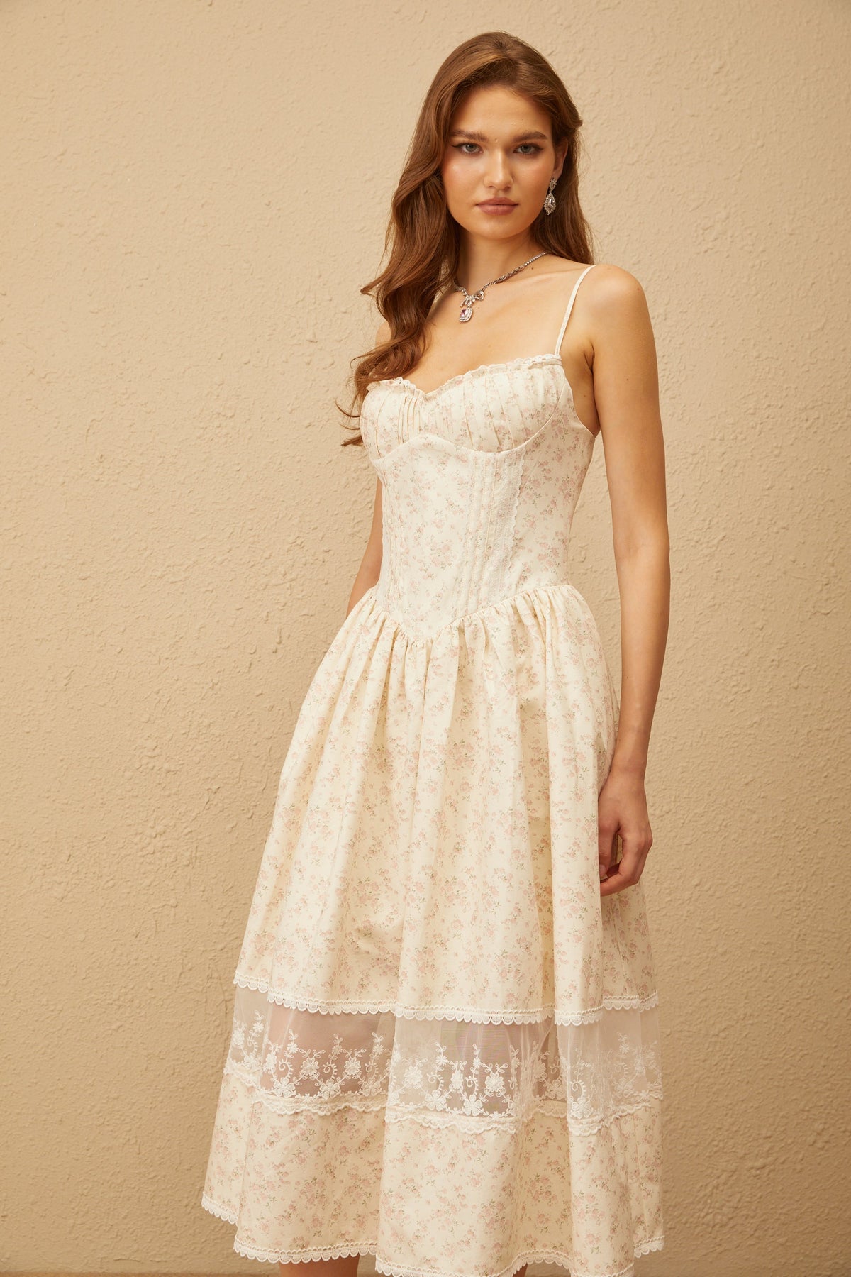 Caroline Neutral Lace Trim Floral Midi Dress