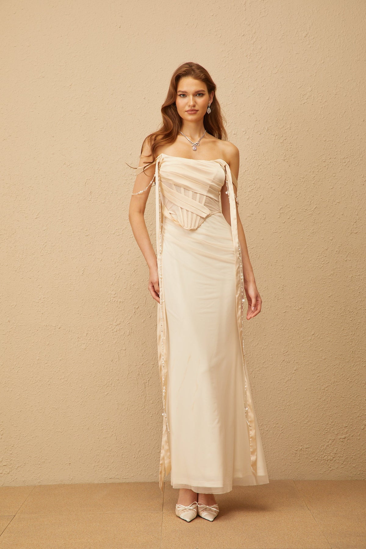 Lorraine Neutral Ruched Mesh Corset Maxi Dress