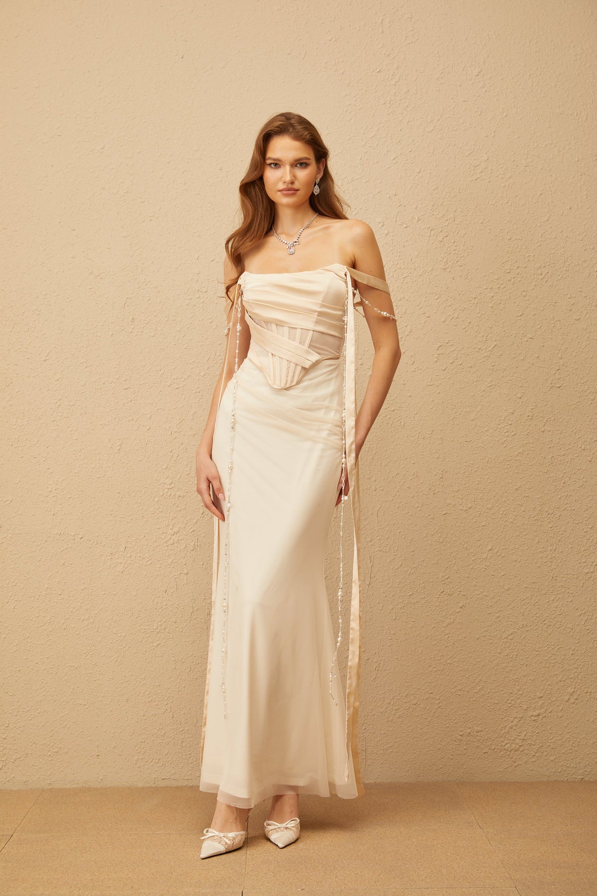 Lorraine Neutral Ruched Mesh Corset Maxi Dress