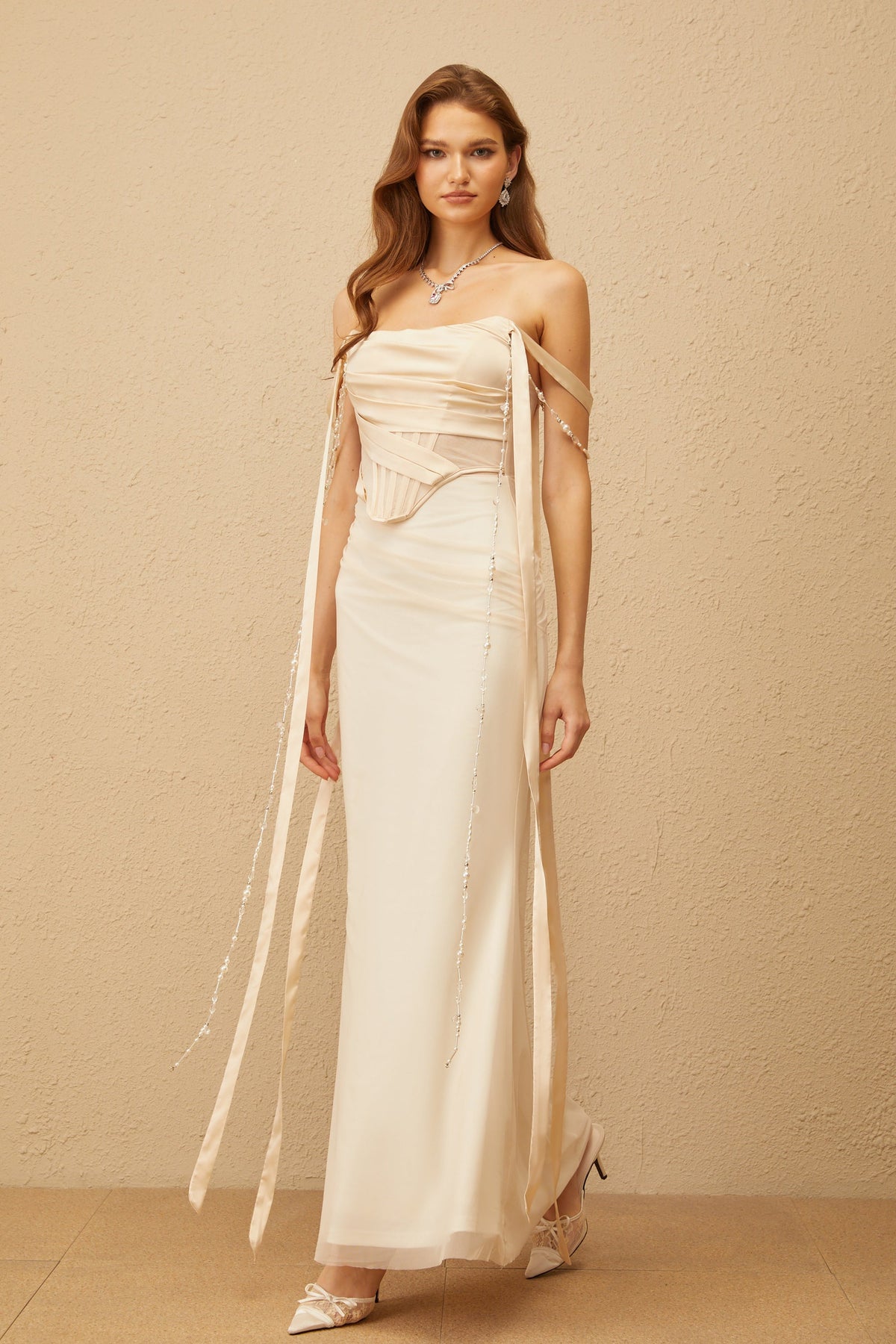 Lorraine Neutral Ruched Mesh Corset Maxi Dress