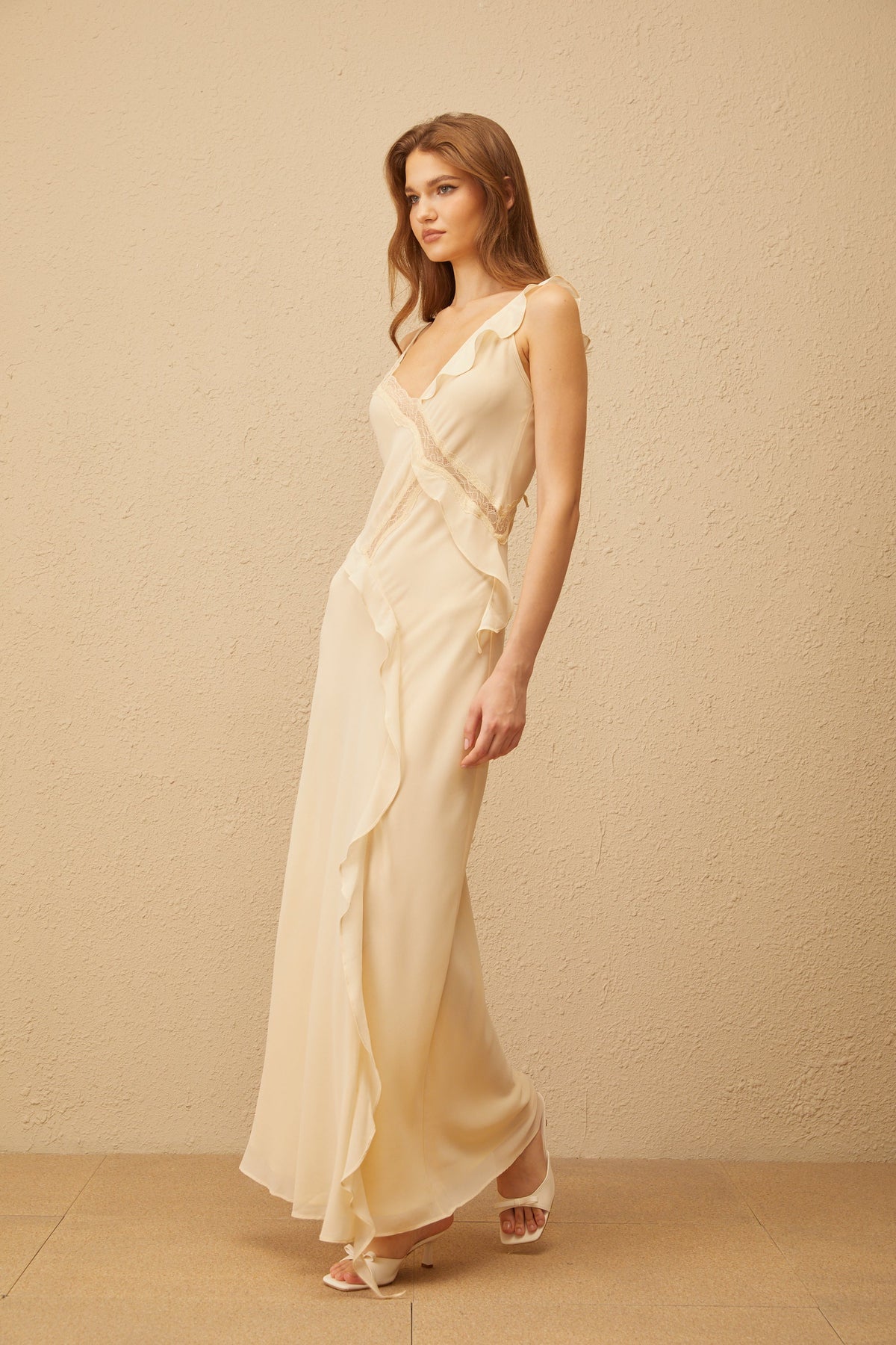 Mathilde Neutral Aysmmetrical Ruffled Trim Maxi Dress