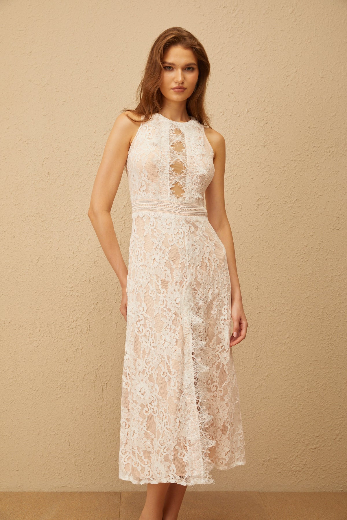 Cerise White Open Back Floral Lace Midi Dress