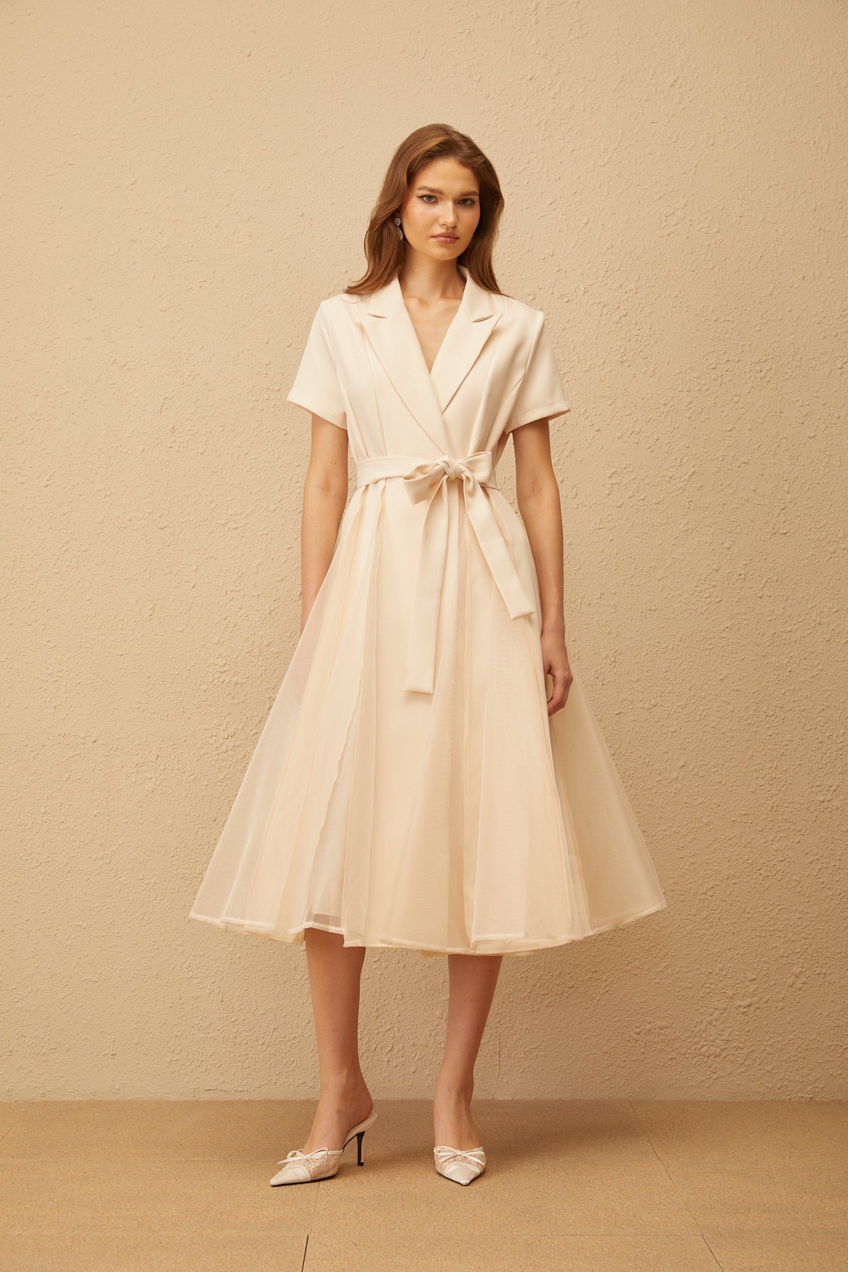 Aurore Neutral Tulle Panel Wraped Midi Dress (Final Sale-US Only)