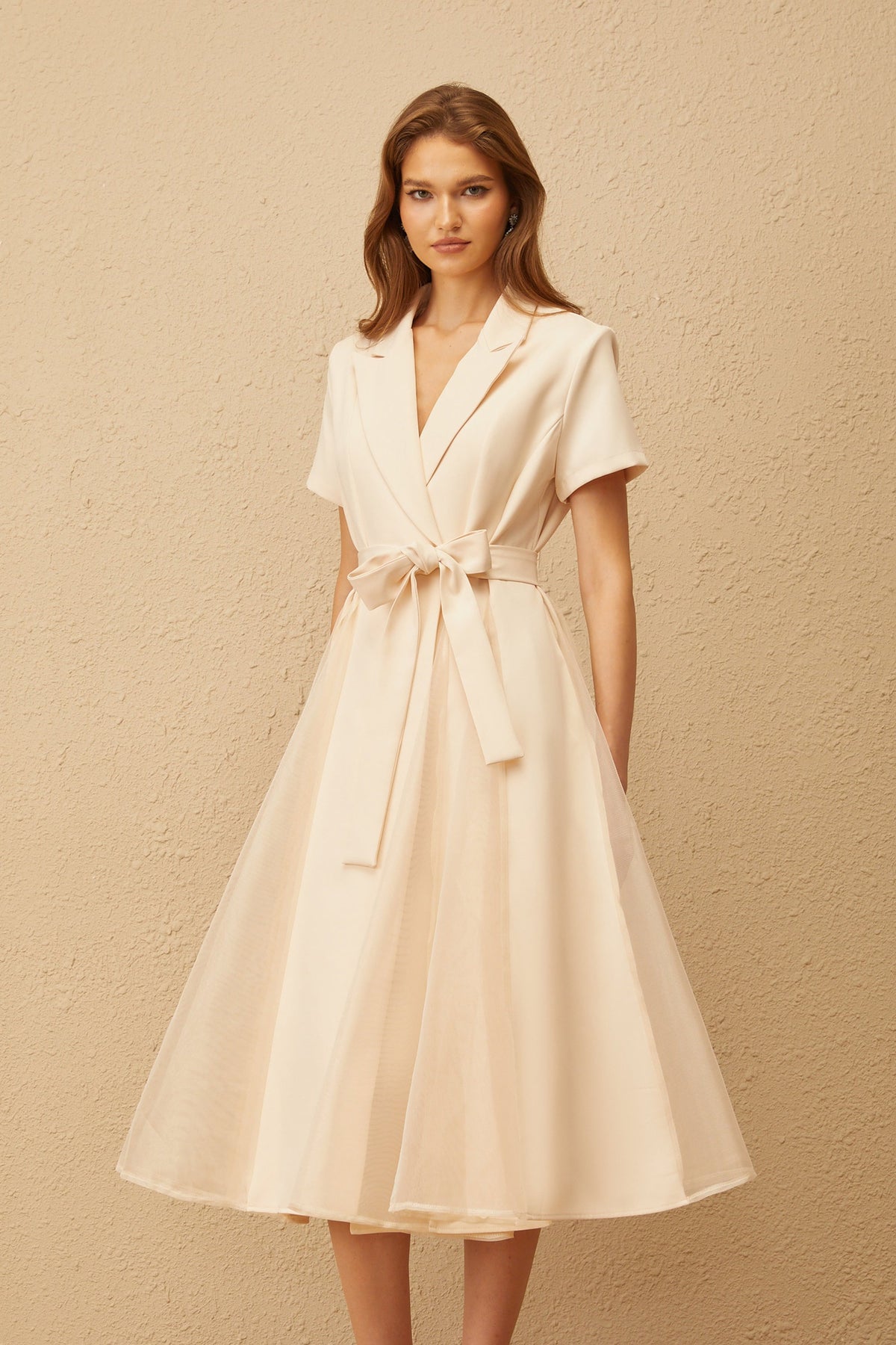 Aurore Neutral Tulle Panel Wraped Midi Dress