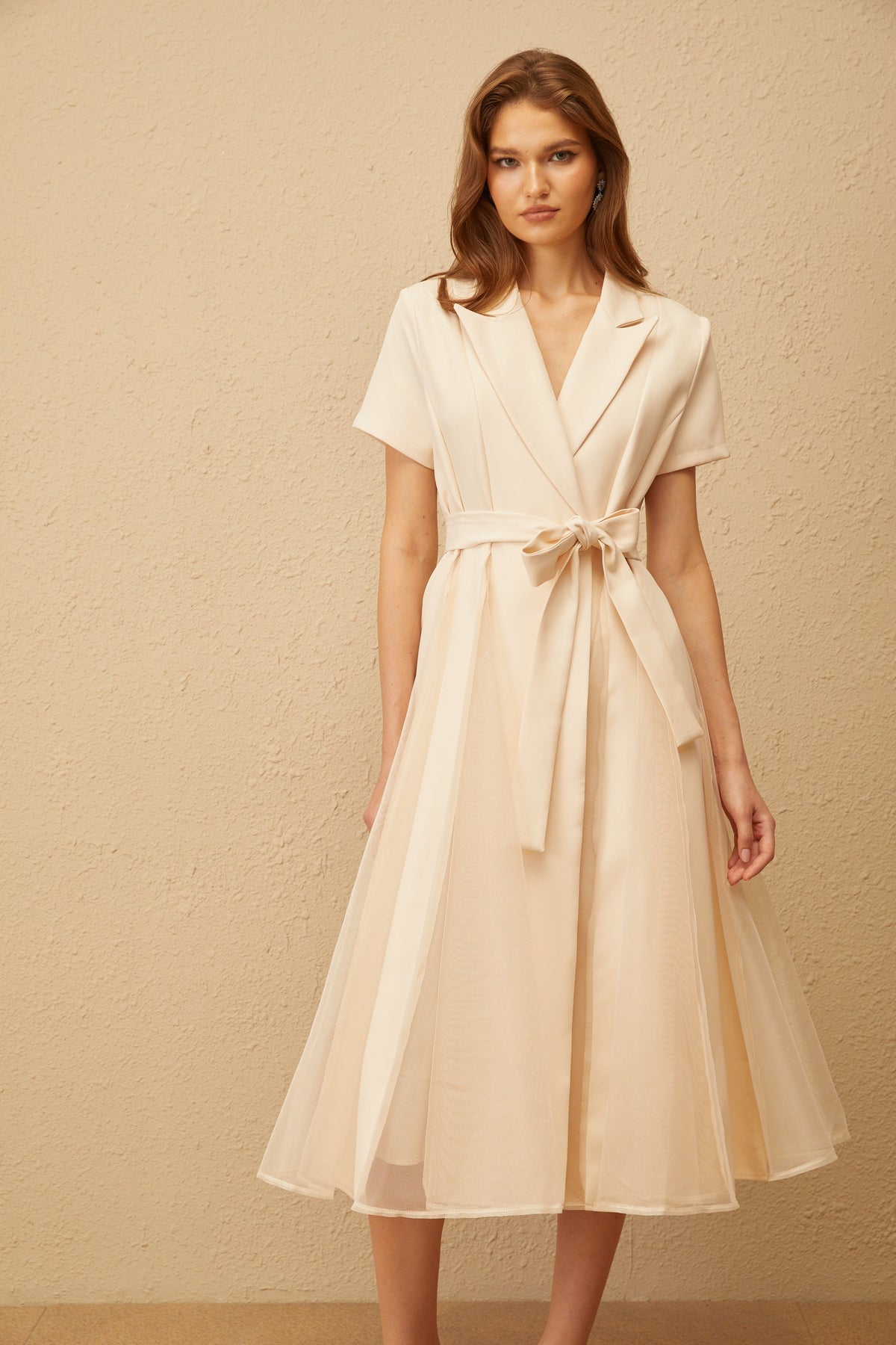 Aurore Neutral Tulle Panel Wraped Midi Dress (Final Sale-US Only)