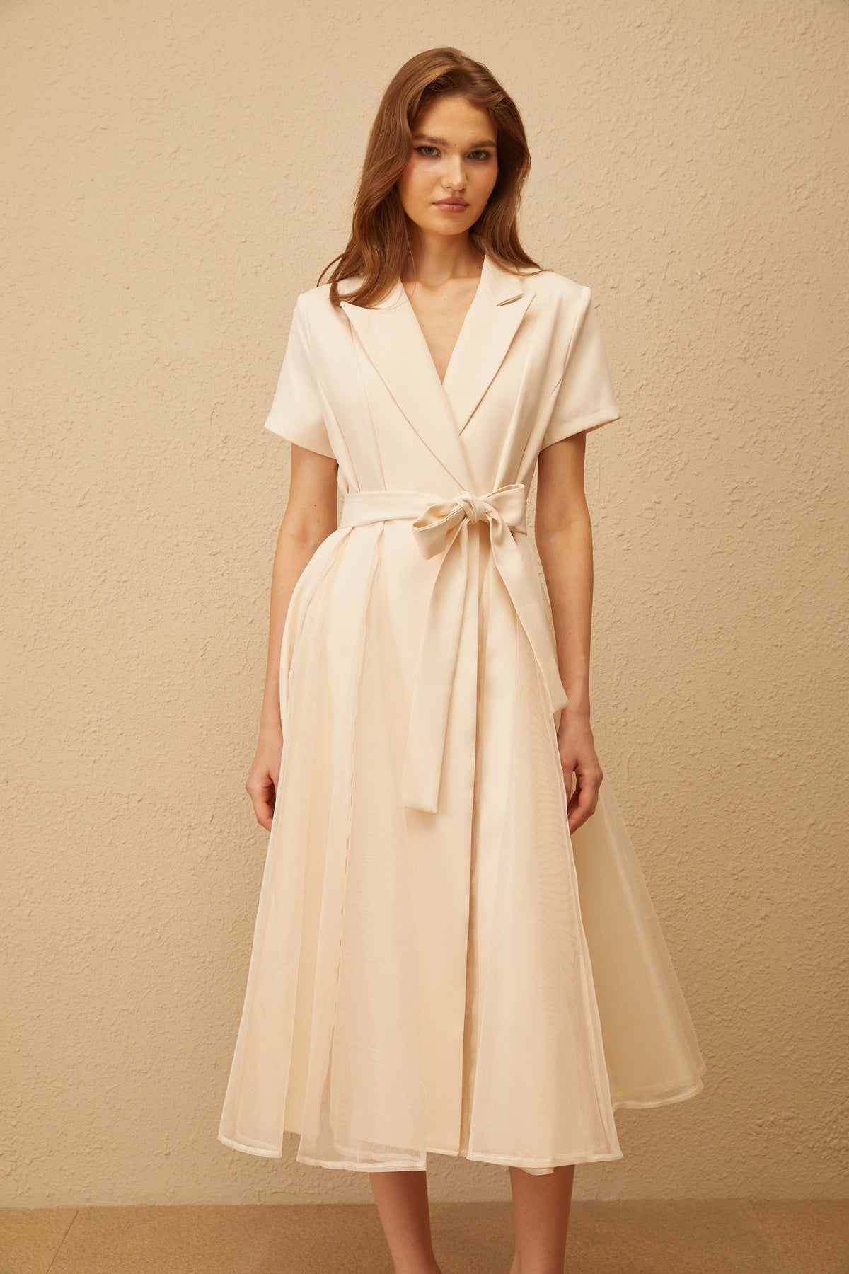 Aurore Neutral Tulle Panel Wraped Midi Dress (Final Sale-US Only)