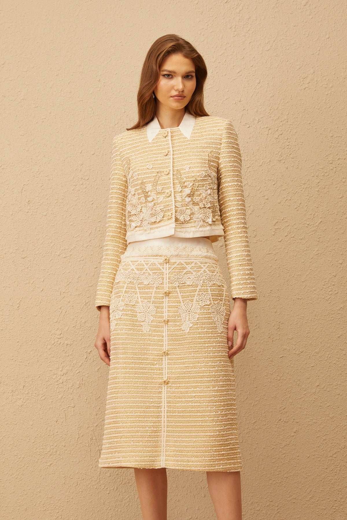 Catalina Neutral Floral Jacquard Tweed Jacket & Skirt Set