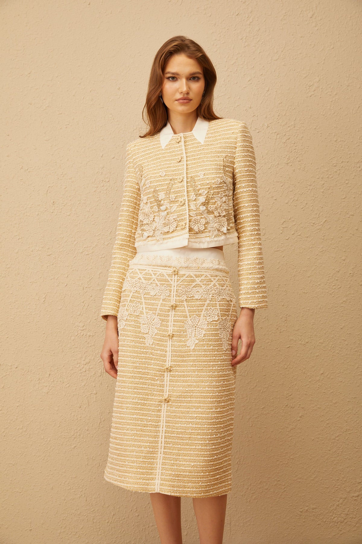 Catalina Neutral Floral Jacquard Tweed Jacket & Skirt Set (Final Sale-US Only)