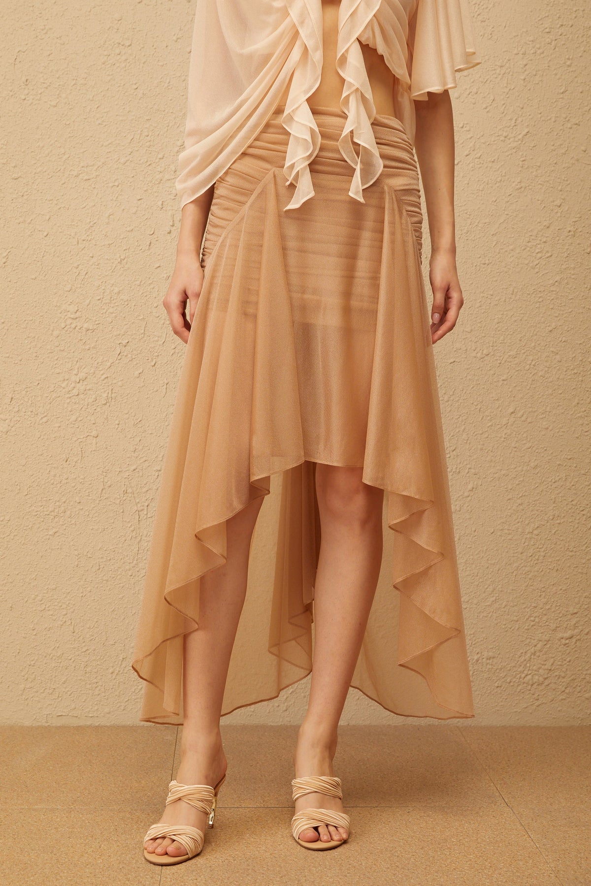 Zélie Neutral Ruched Ruffled Hem Midi Skirt