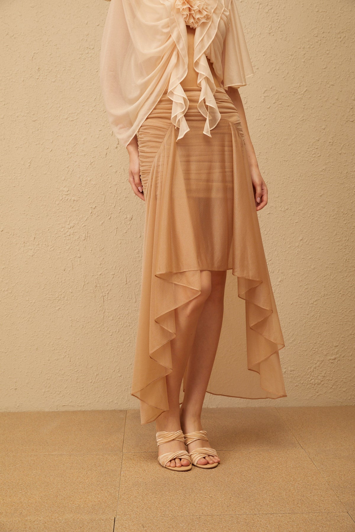 Zélie Neutral Ruched Ruffled Hem Midi Skirt