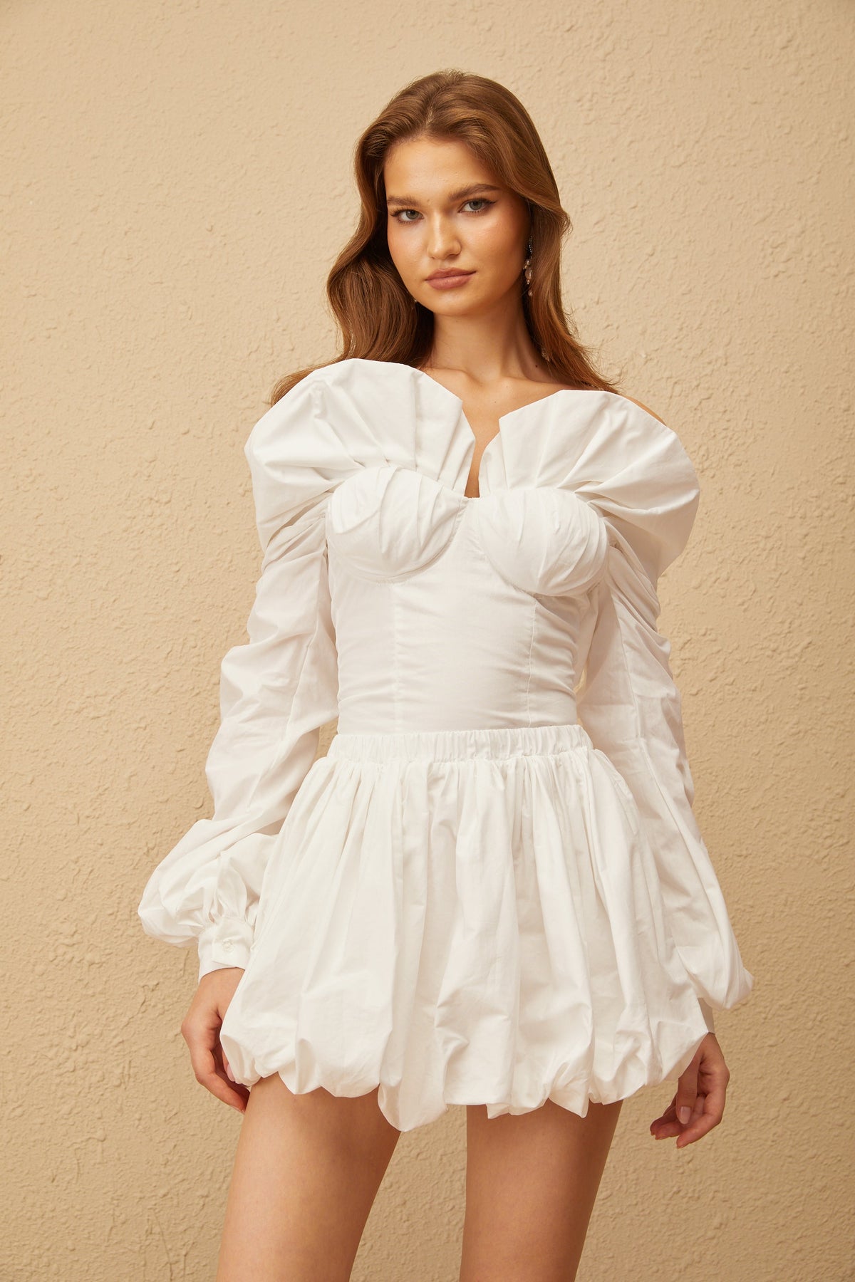 Alicia White Ruched Blouse & Skirt Set