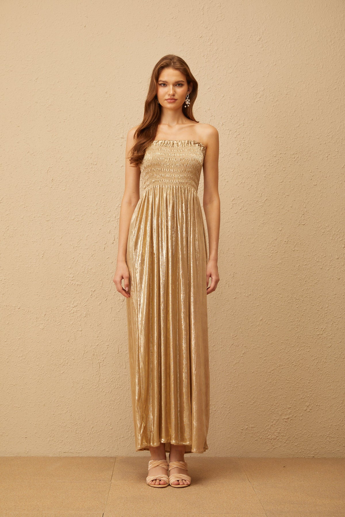 Tiphaine Gold Glossy Smocked Panel Midi Dress