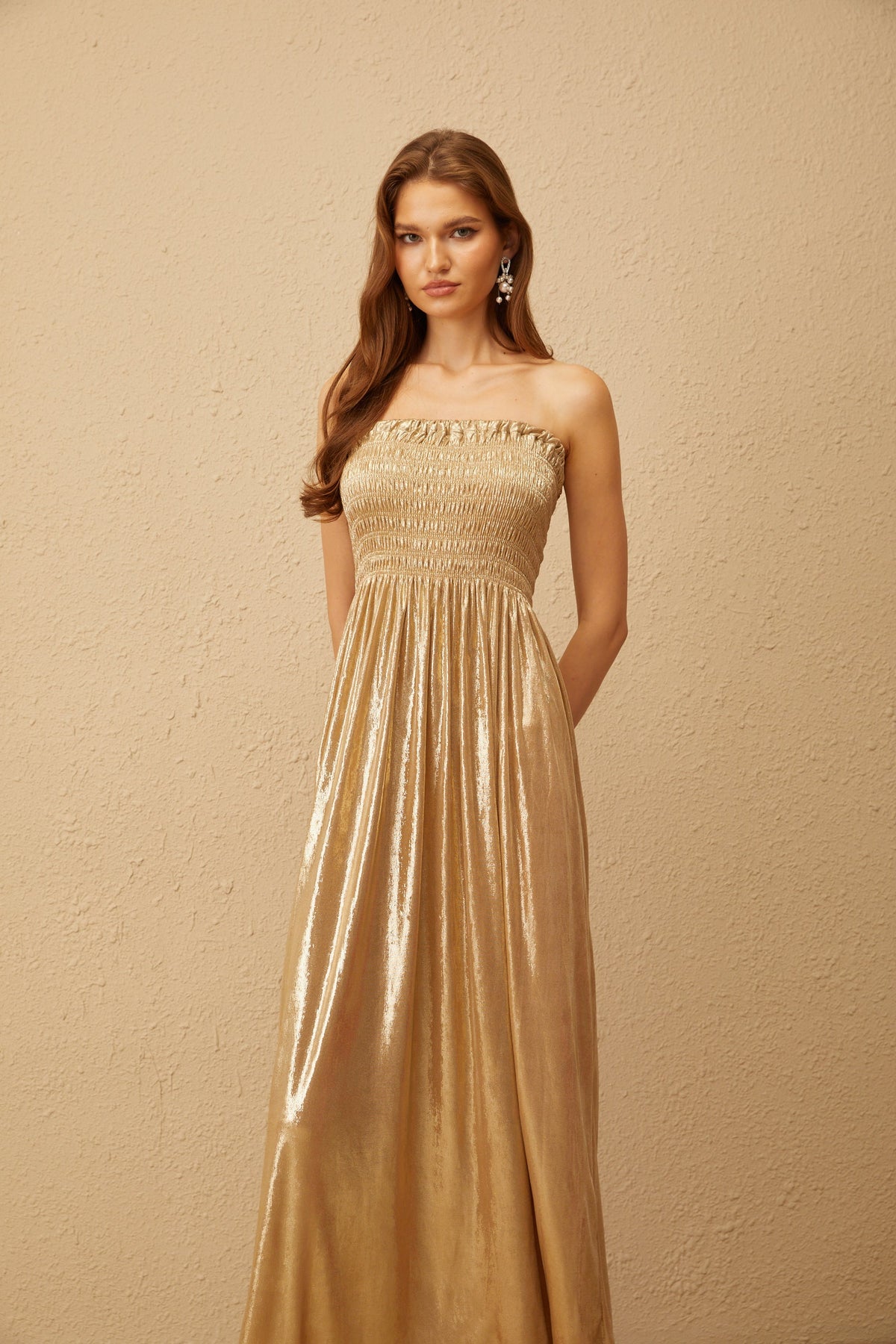 Tiphaine Gold Glossy Smocked Panel Midi Dress