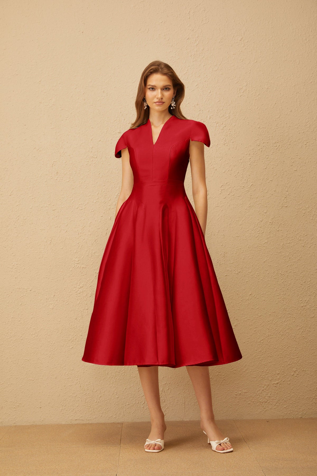 Aventin Red Godet Design Midi Dress (Final Sale-US Only)
