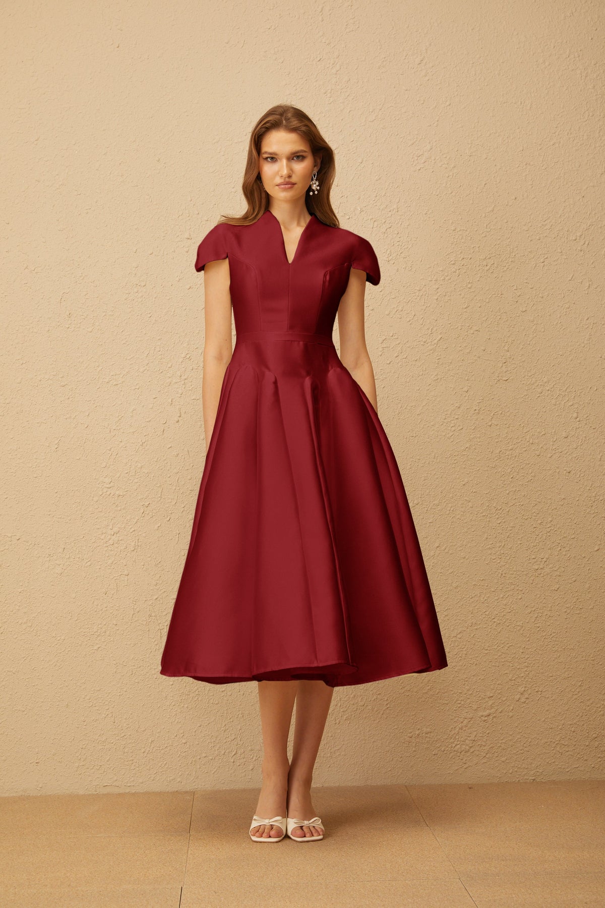 Aventin Red Godet Design Midi Dress