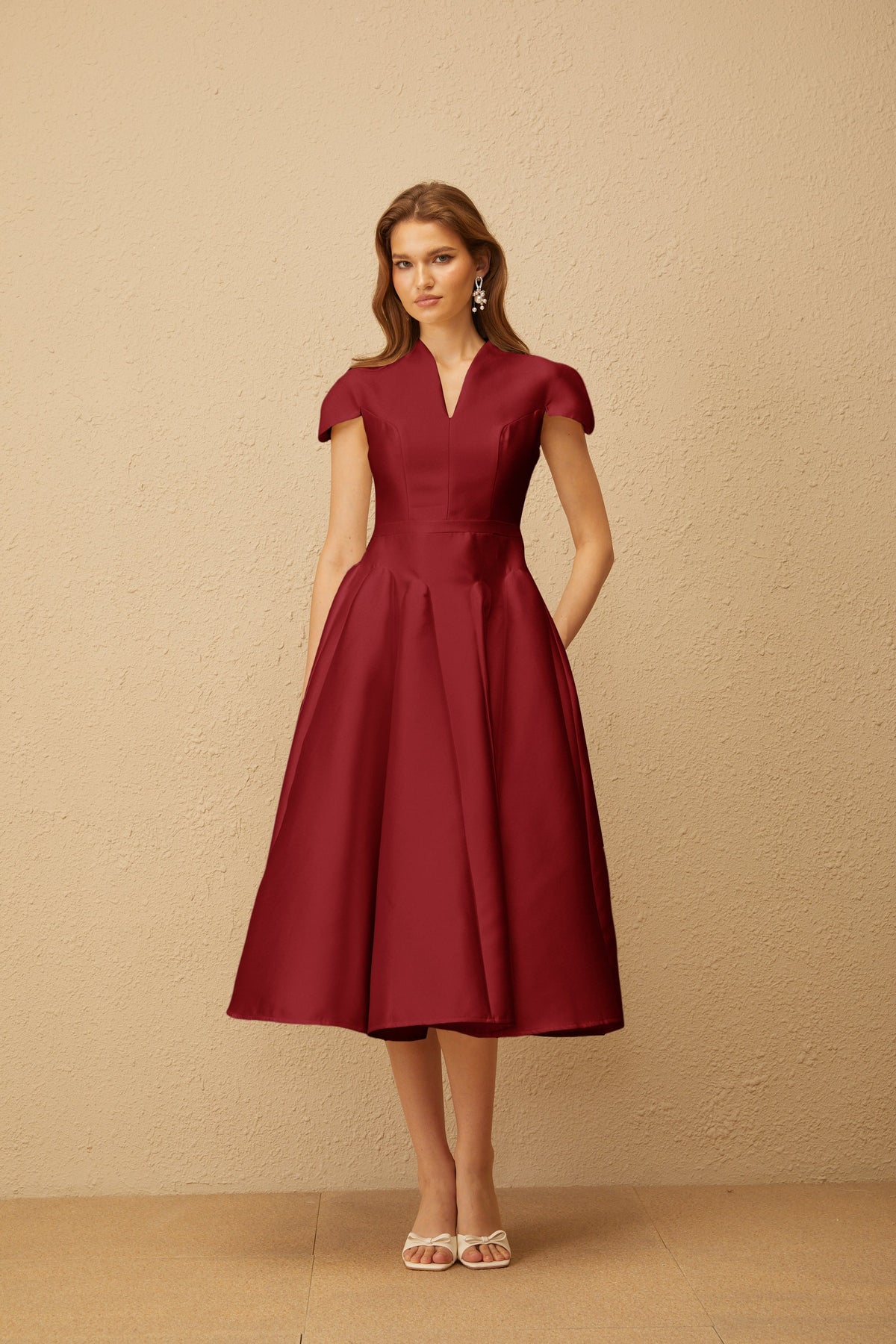 Aventin Red Godet Design Midi Dress