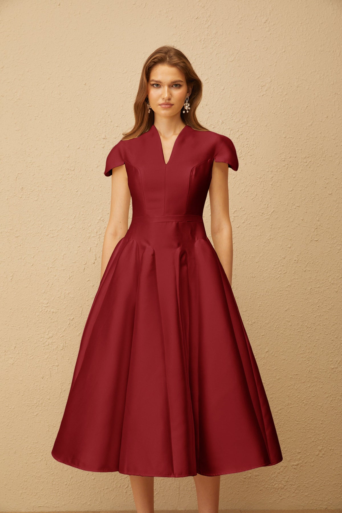 Aventin Red Godet Design Midi Dress